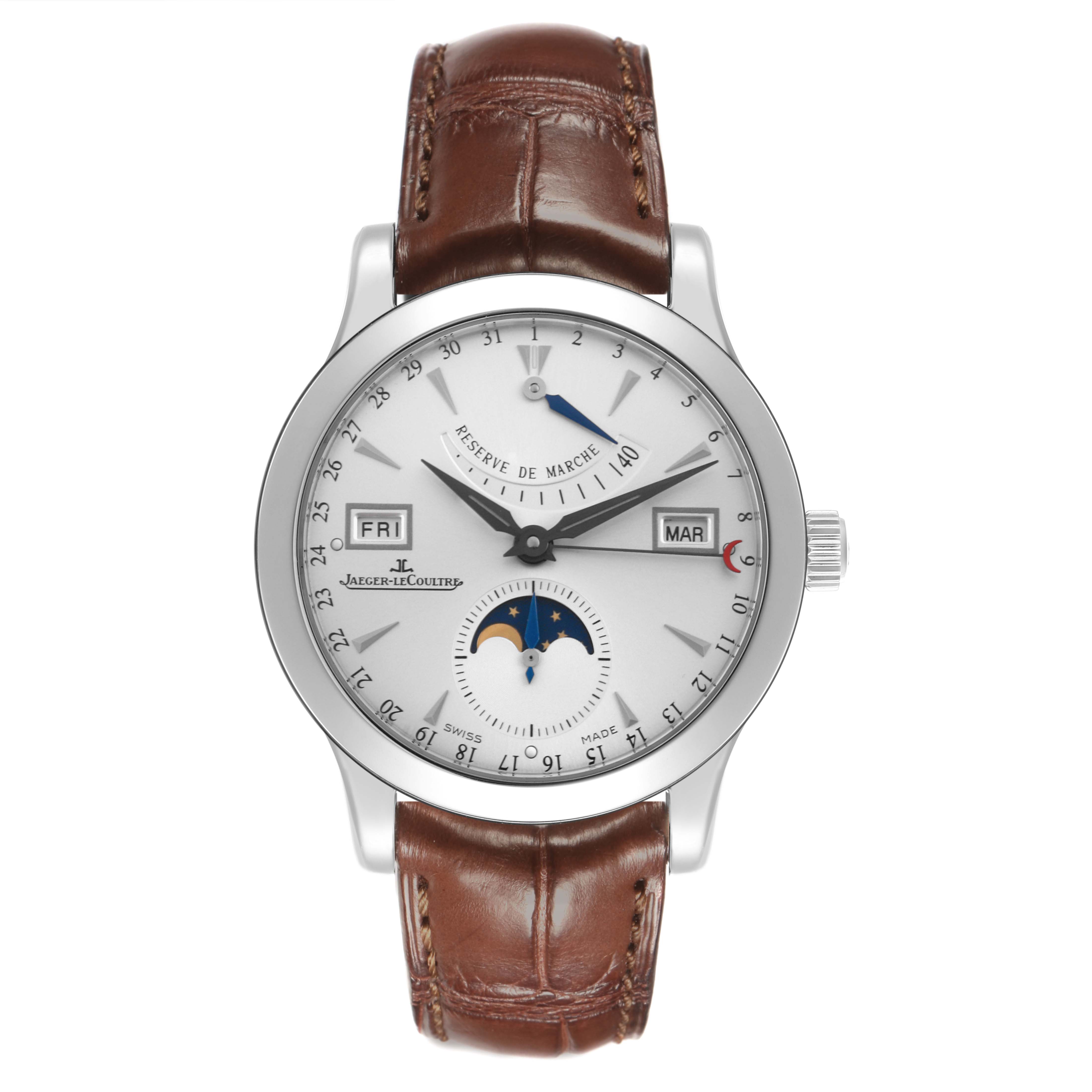 The Jaeger LeCoultre Master Q151842A Men's Stainless Steel Silver Dial Q151842A Men's Stainless Steel Silver Dial watch is shown from a top-down angle, displaying the dial with day, month, and moon phase indicators.