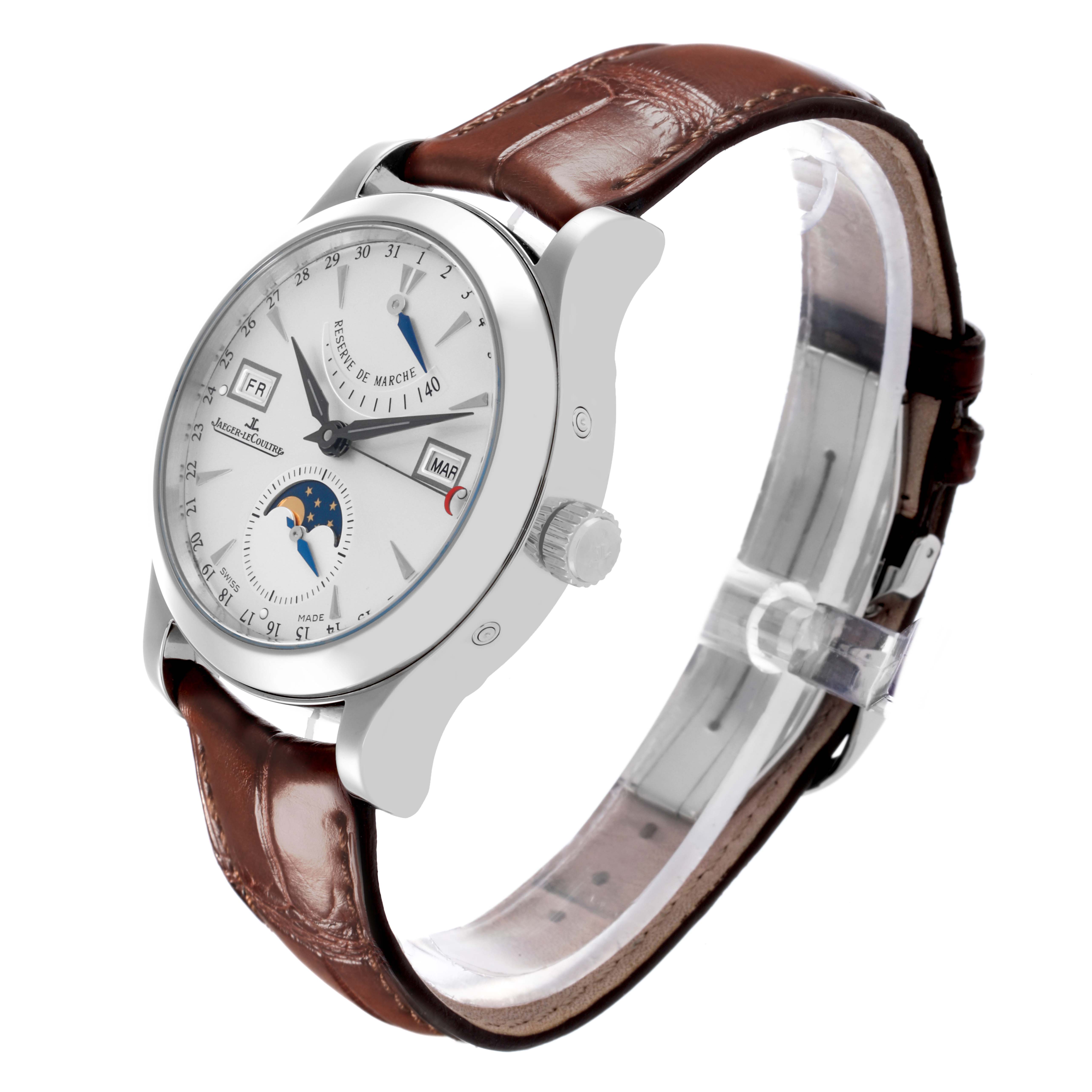 The Jaeger LeCoultre Master Q151842A Men's Stainless Steel Silver Dial Q151842A Men's Stainless Steel Silver Dial watch is shown at an angled side view, highlighting its dial, case, crown, and leather strap.