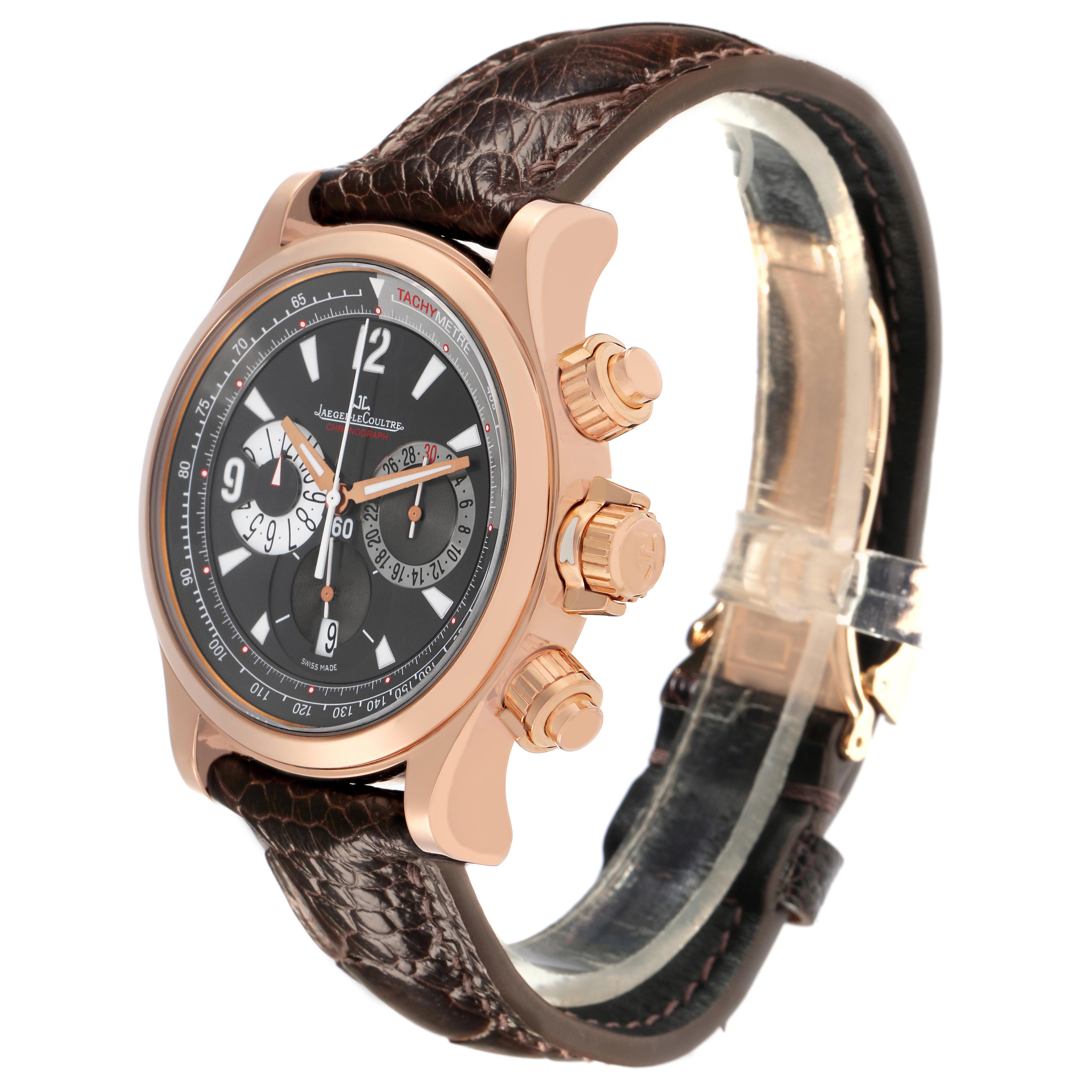 The Jaeger LeCoultre Master 146.2.25 Men's Rose Gold Grey Dial watch is shown at a slight angle, displaying the case, crown, pushers, and leather strap.