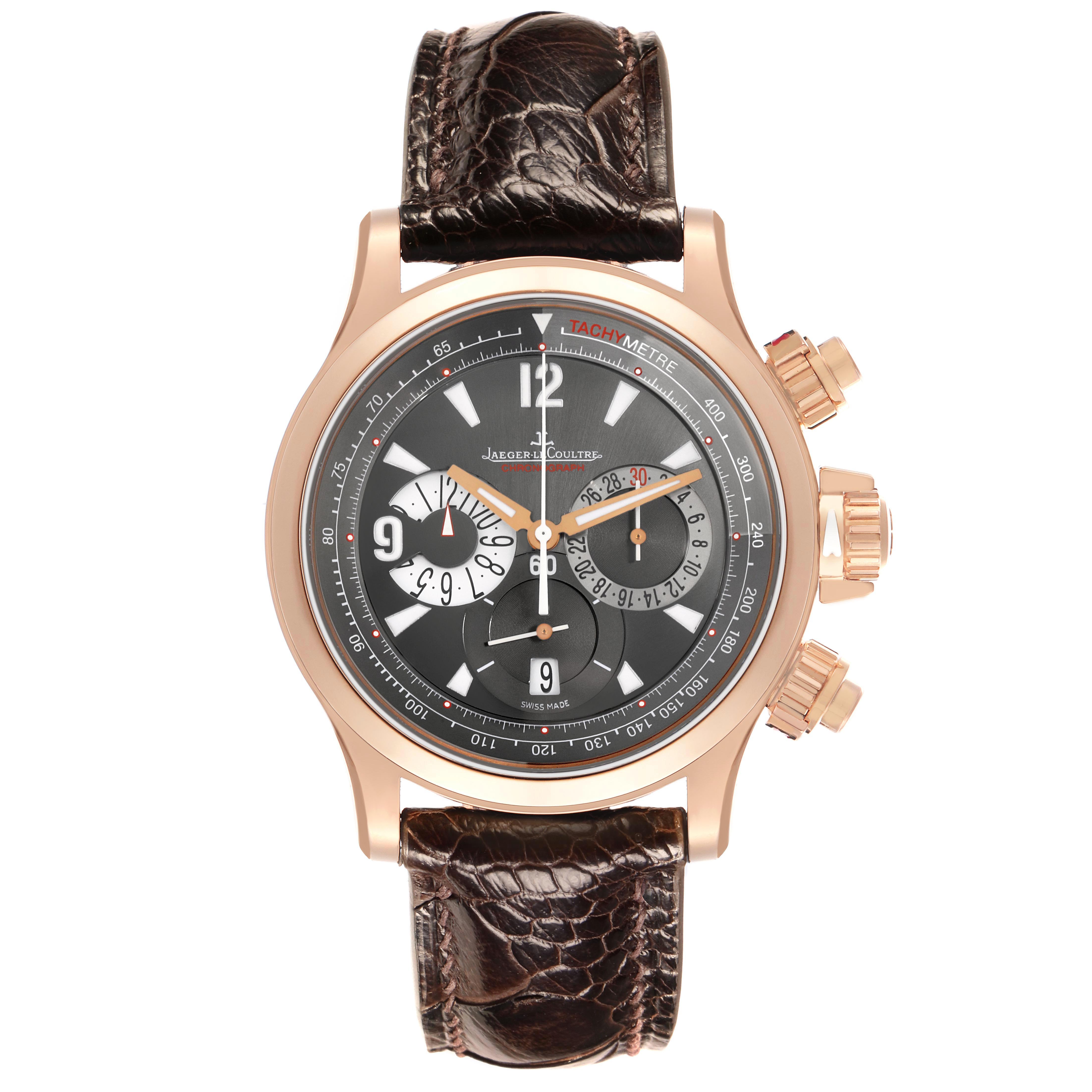 The Jaeger LeCoultre Master 146.2.25 Men's Rose Gold Grey Dial watch is shown from the front, featuring the dial, bezel, case, and crown.