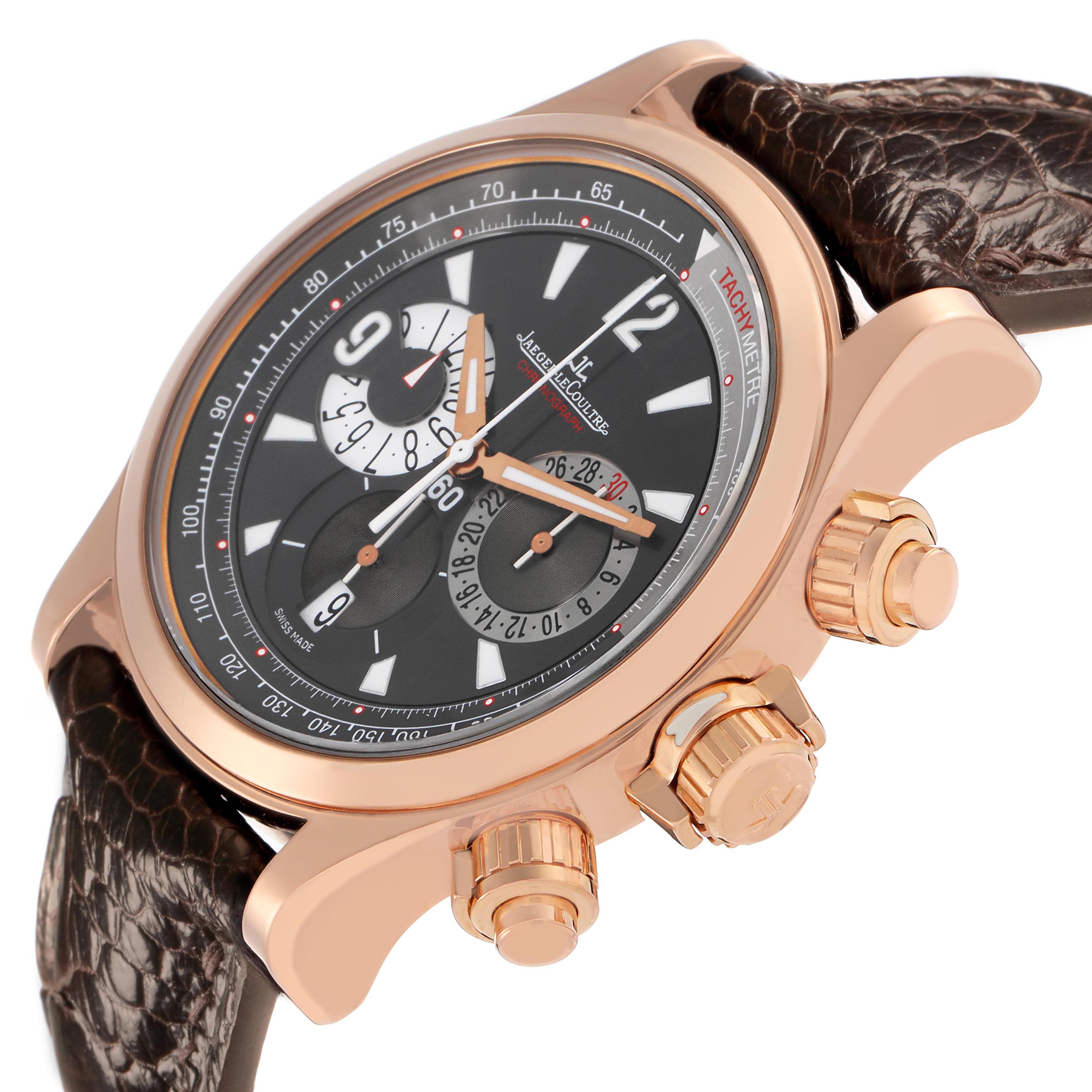 The image shows a Jaeger LeCoultre Master 146.2.25 Men's Rose Gold Grey Dial watch at a three-quarter angle, highlighting the dial, bezel, crown, and pushers.