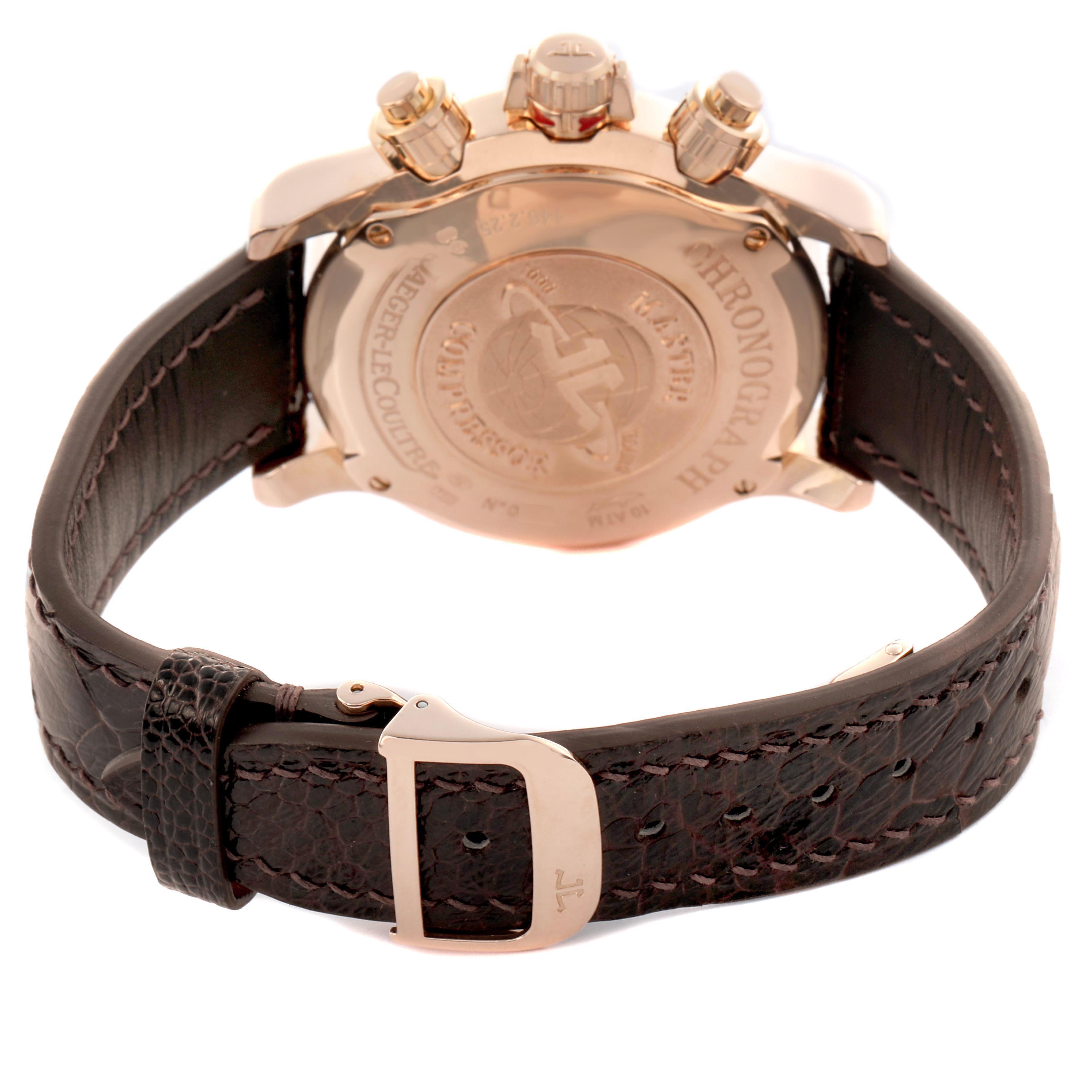 The image shows the back and side view of the Jaeger LeCoultre Master 146.2.25 Men's Rose Gold Grey Dial watch, highlighting the case back, crown, and leather strap.