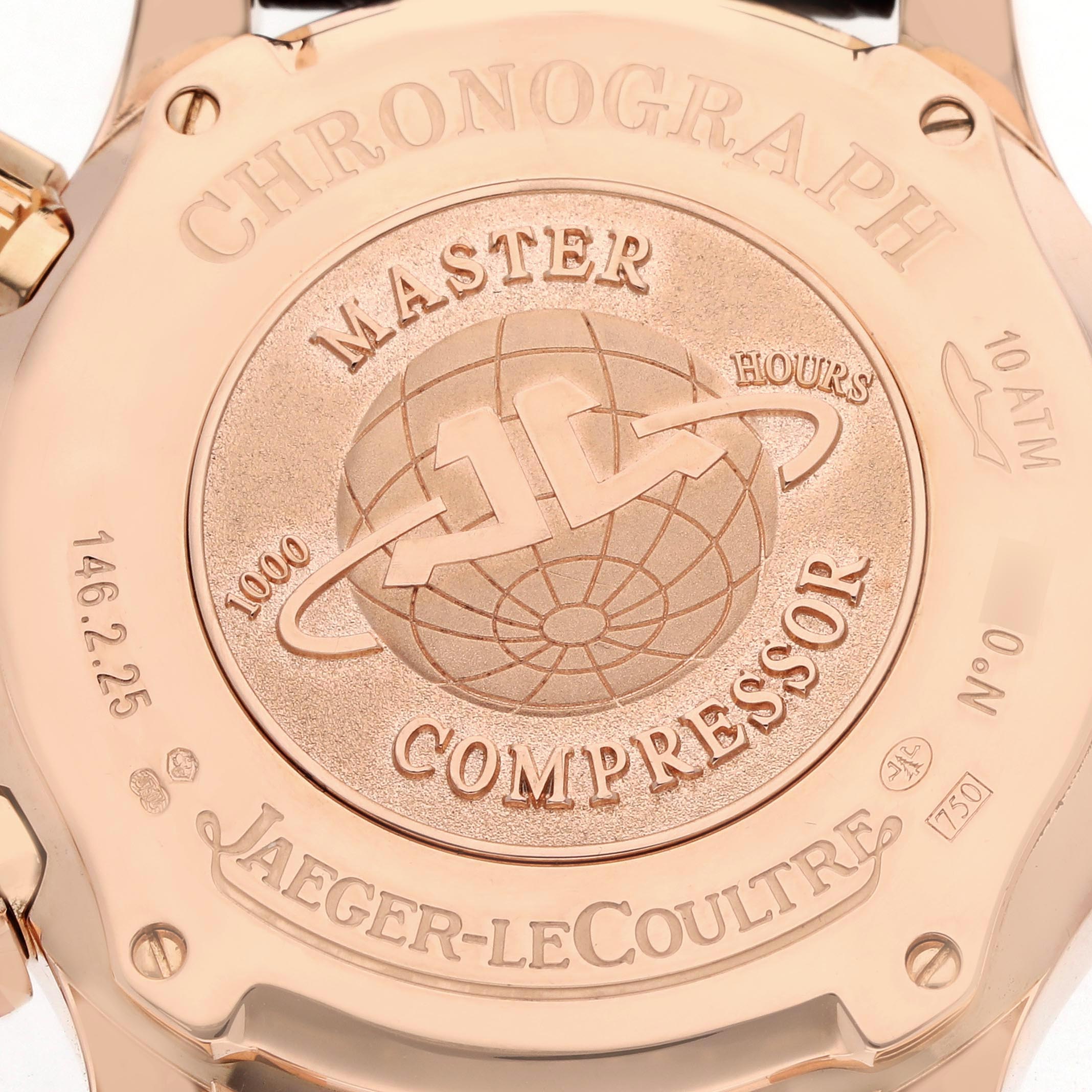 The image shows the back case of a Jaeger-LeCoultre Master model watch, highlighting engravings and the brand logo.