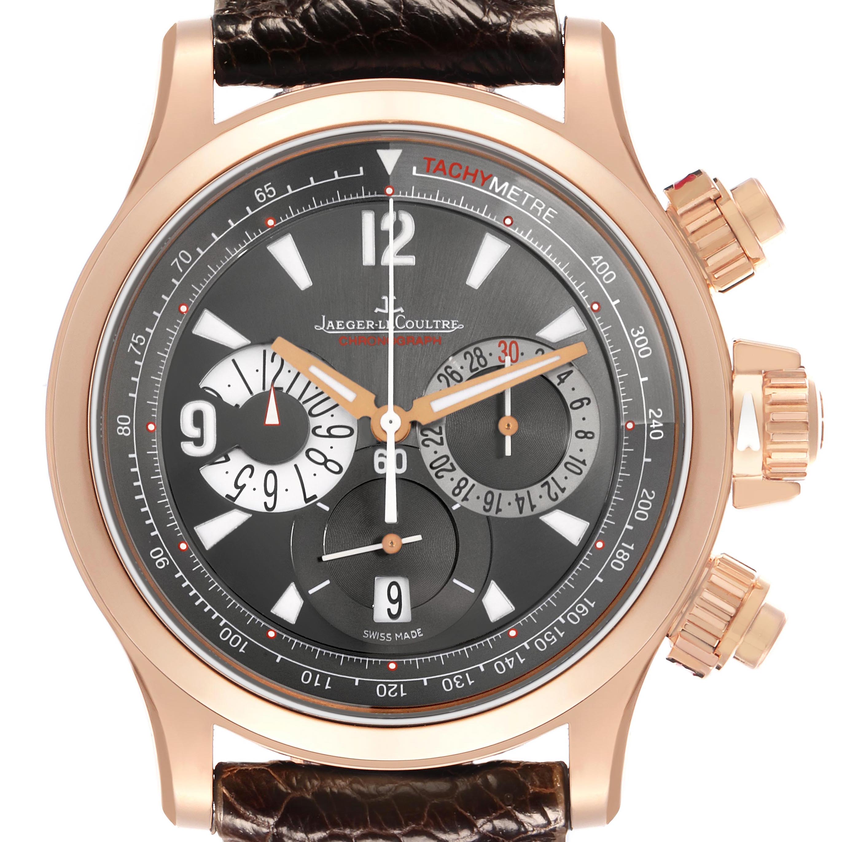 The Jaeger LeCoultre Master 146.2.25 Men's Rose Gold Grey Dial watch is shown from the front, highlighting its dial, sub-dials, crown, and pushers.