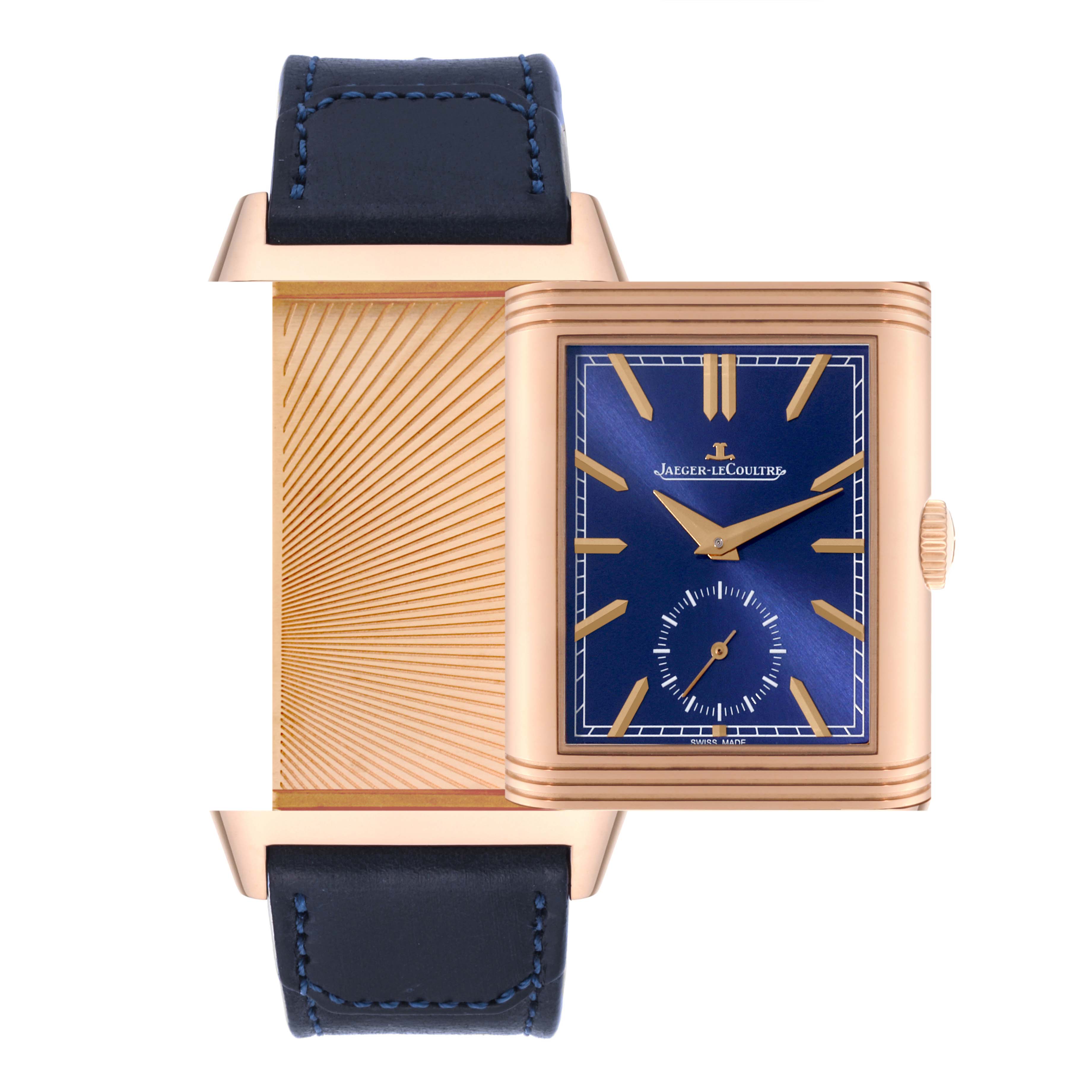 The Jaeger LeCoultre Reverso Q398258J Men's Rose Gold Silver Dial Q398258J Men's Rose Gold Silver Dial watch is shown face forward with its case partially open, revealing the reverse side.
