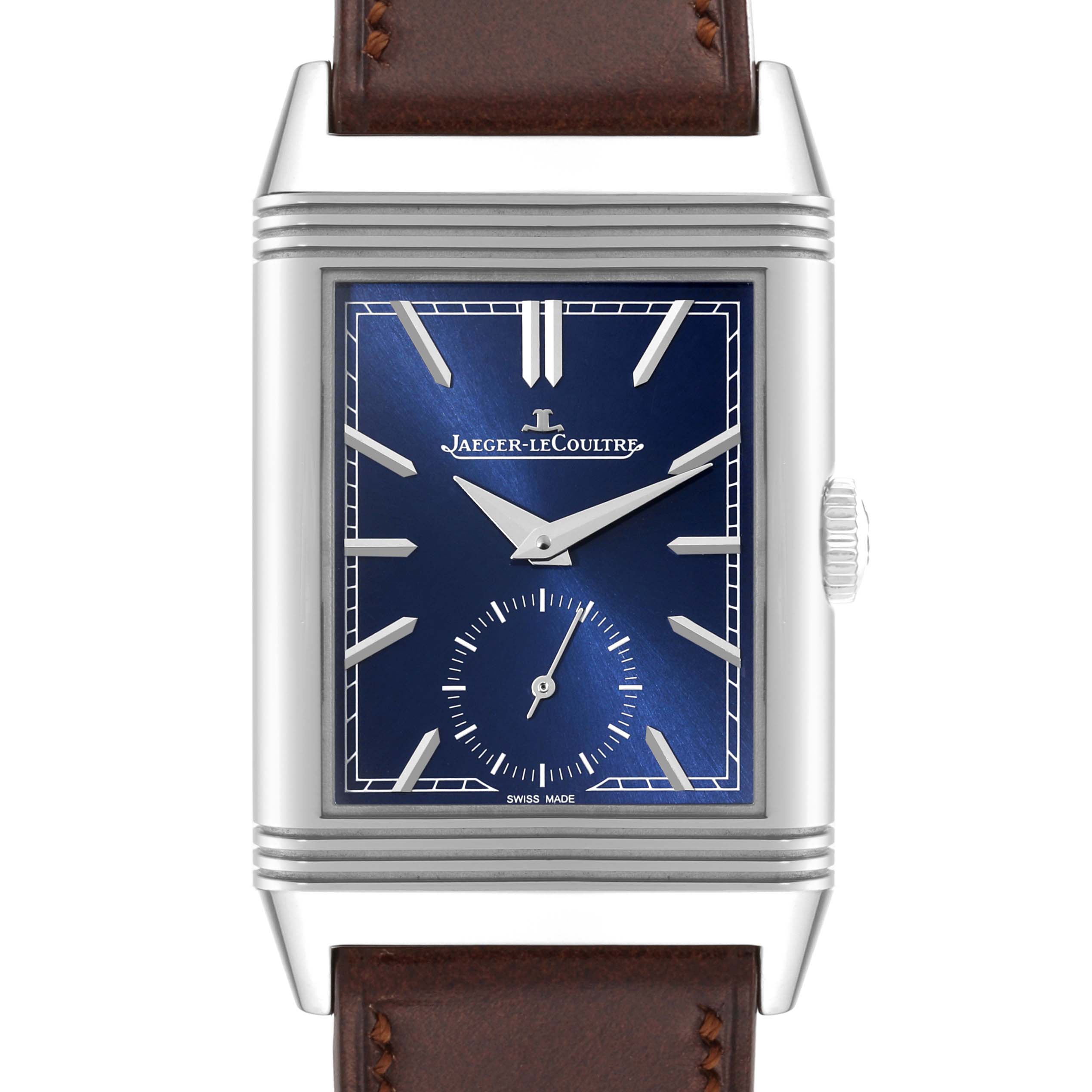 The image shows a frontal view of the Jaeger LeCoultre Reverso Q3978480 Men's Stainless Steel Blue Dial Q3978480 Men's Stainless Steel Blue Dial watch, highlighting its blue dial, rectangular case, and brown leather strap.