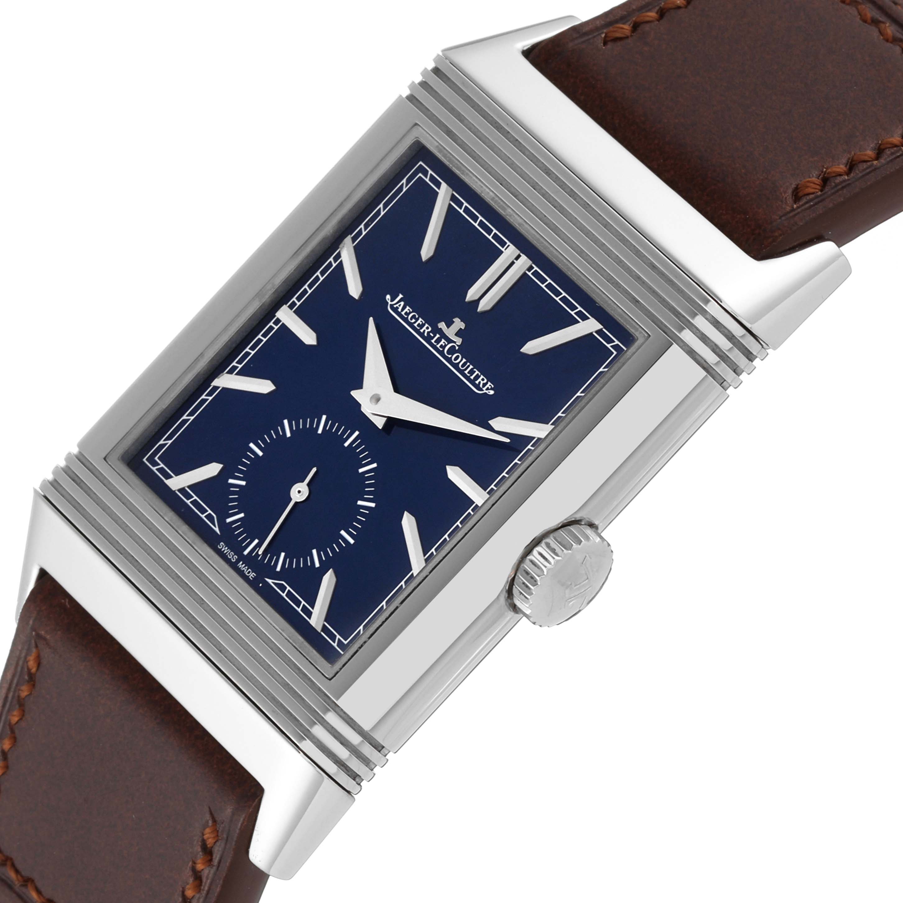 This image shows a close-up side view of the Jaeger LeCoultre Reverso Q3978480 Men's Stainless Steel Blue Dial Q3978480 Men's Stainless Steel Blue Dial watch, displaying the dial, crown, and leather strap.