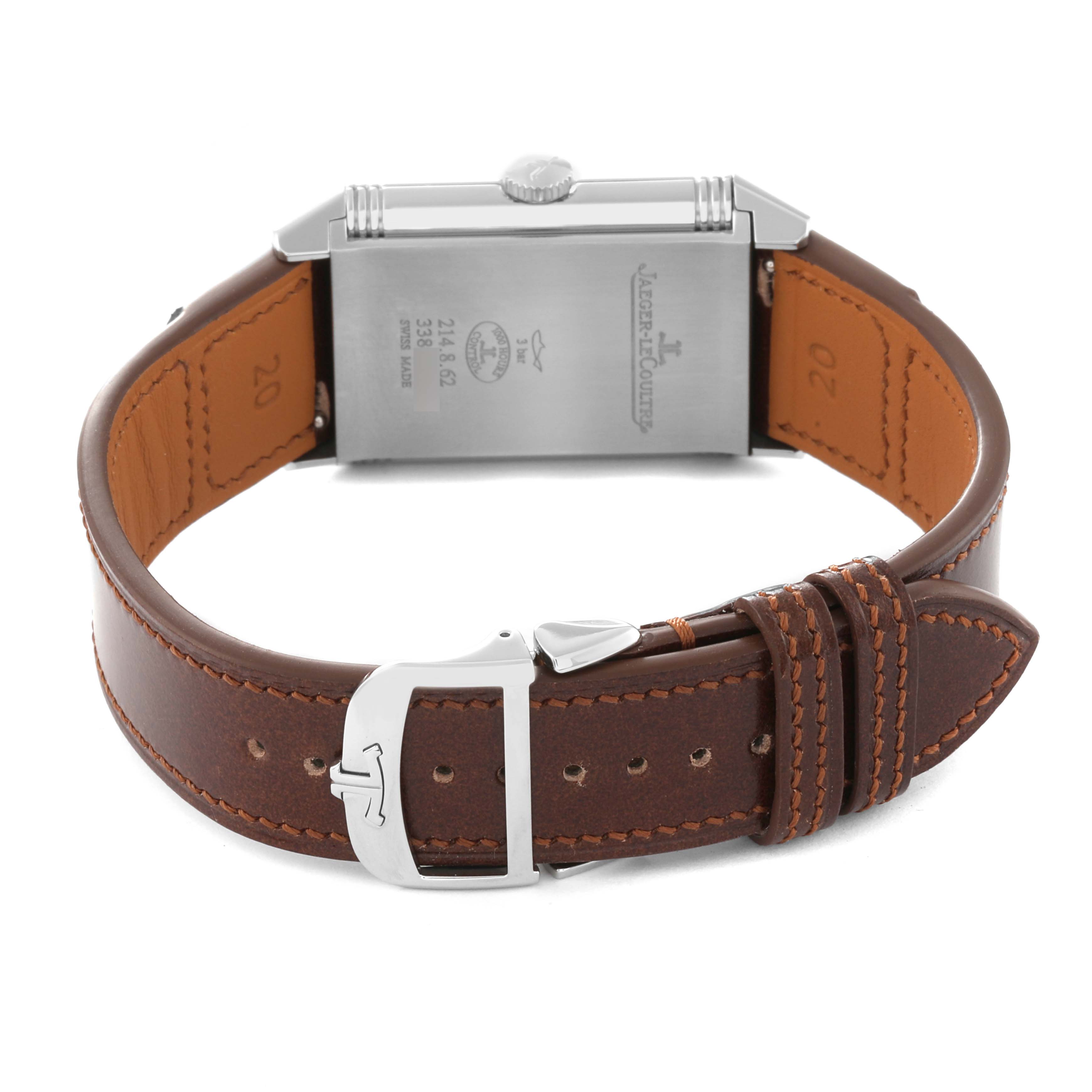 The image shows the back of a Jaeger LeCoultre Reverso Q3978480 Men's Stainless Steel Blue Dial Q3978480 Men's Stainless Steel Blue Dial watch with a brown leather strap and a buckle.