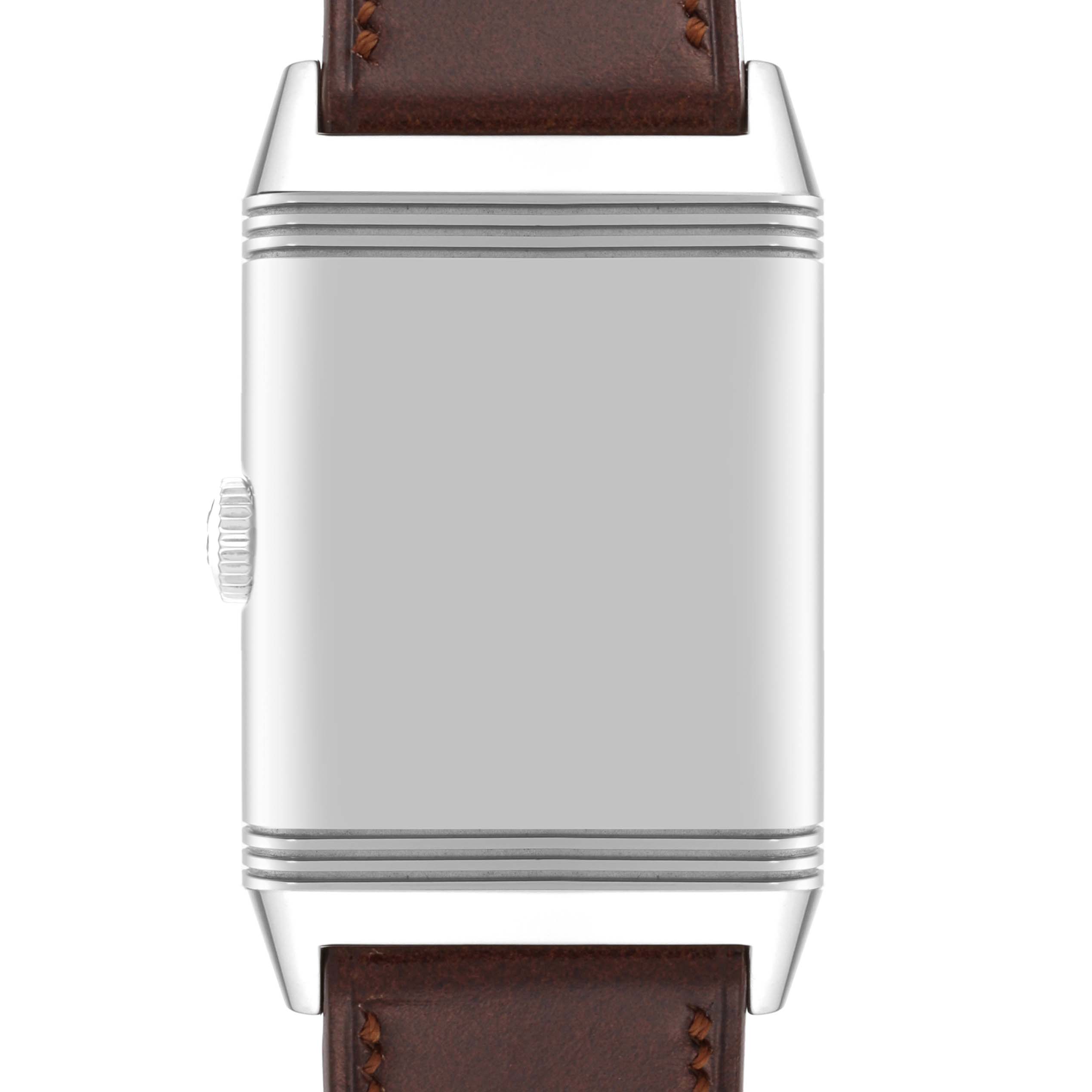 The image shows a front view of the Jaeger LeCoultre Reverso Q3978480 Men's Stainless Steel Blue Dial Q3978480 Men's Stainless Steel Blue Dial watch, featuring its case and brown leather strap.
