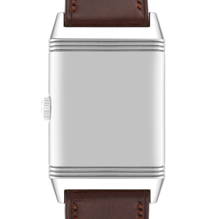 The image shows a front view of the Jaeger LeCoultre Reverso watch, featuring its case and brown leather strap.