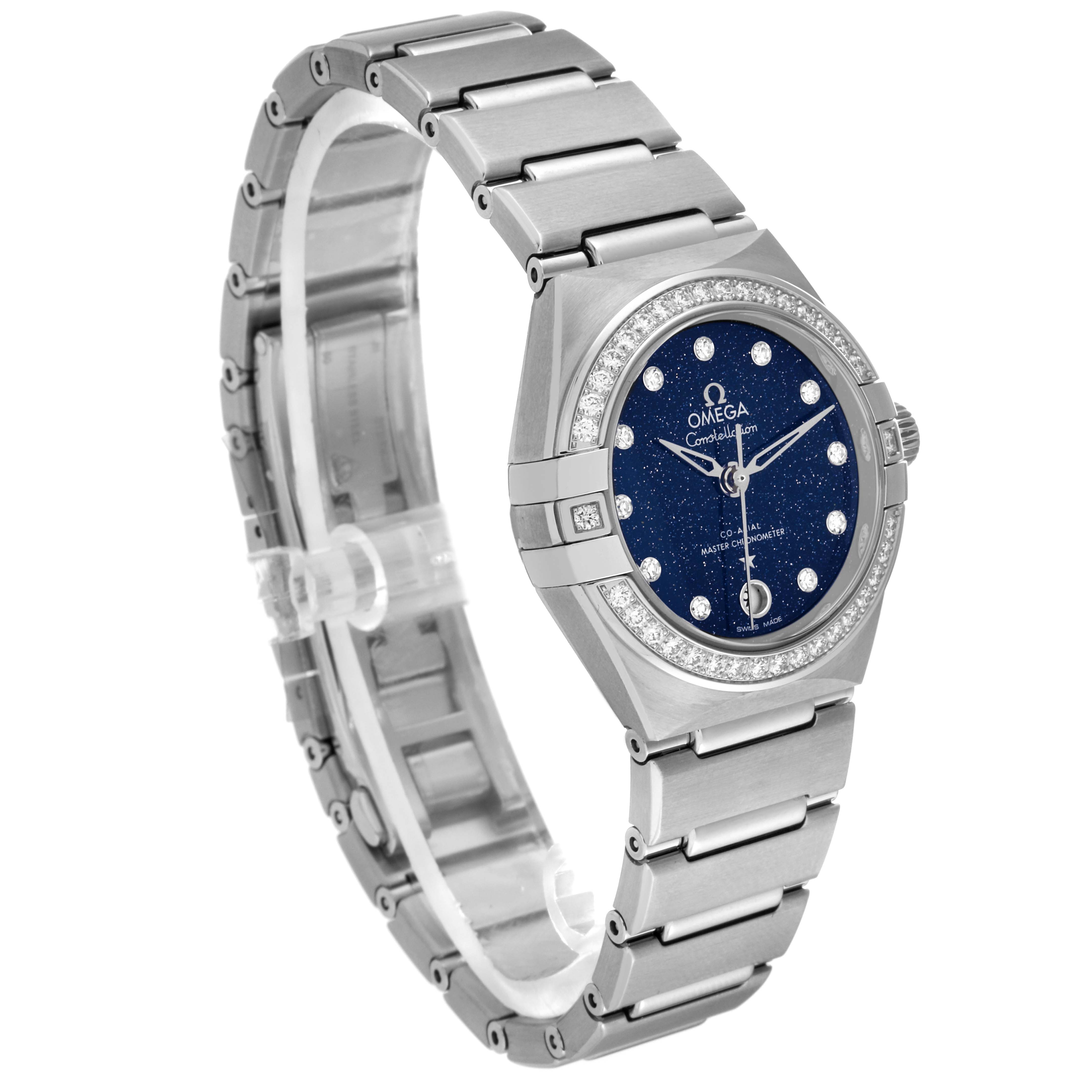 The Omega 131.15.29.20.53.001 Women's Stainless Steel Blue Dial 131.15.29.20.53.001 Women's Stainless Steel Blue Dial Constellation Steel Diamond Ladies Watch 131.15.29.20.53.001 is shown at a three-quarter angle displaying the face and bracelet.