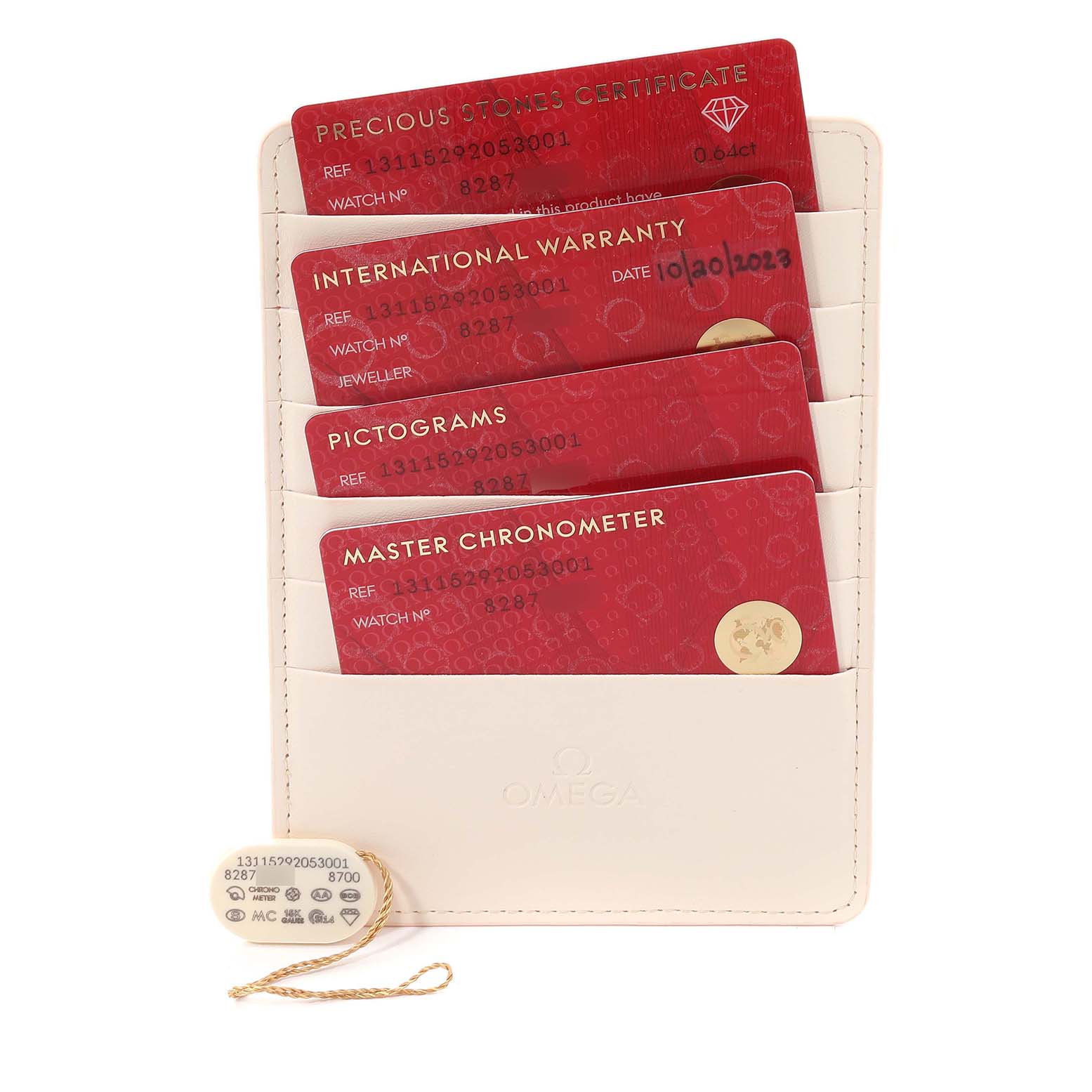 The image shows the warranty cards and cardholder for the Omega 131.15.29.20.53.001 Women's Stainless Steel Blue Dial 131.15.29.20.53.001 Women's Stainless Steel Blue Dial Constellation Steel Diamond Ladies Watch 131.15.29.20.53.001 Unworn model.