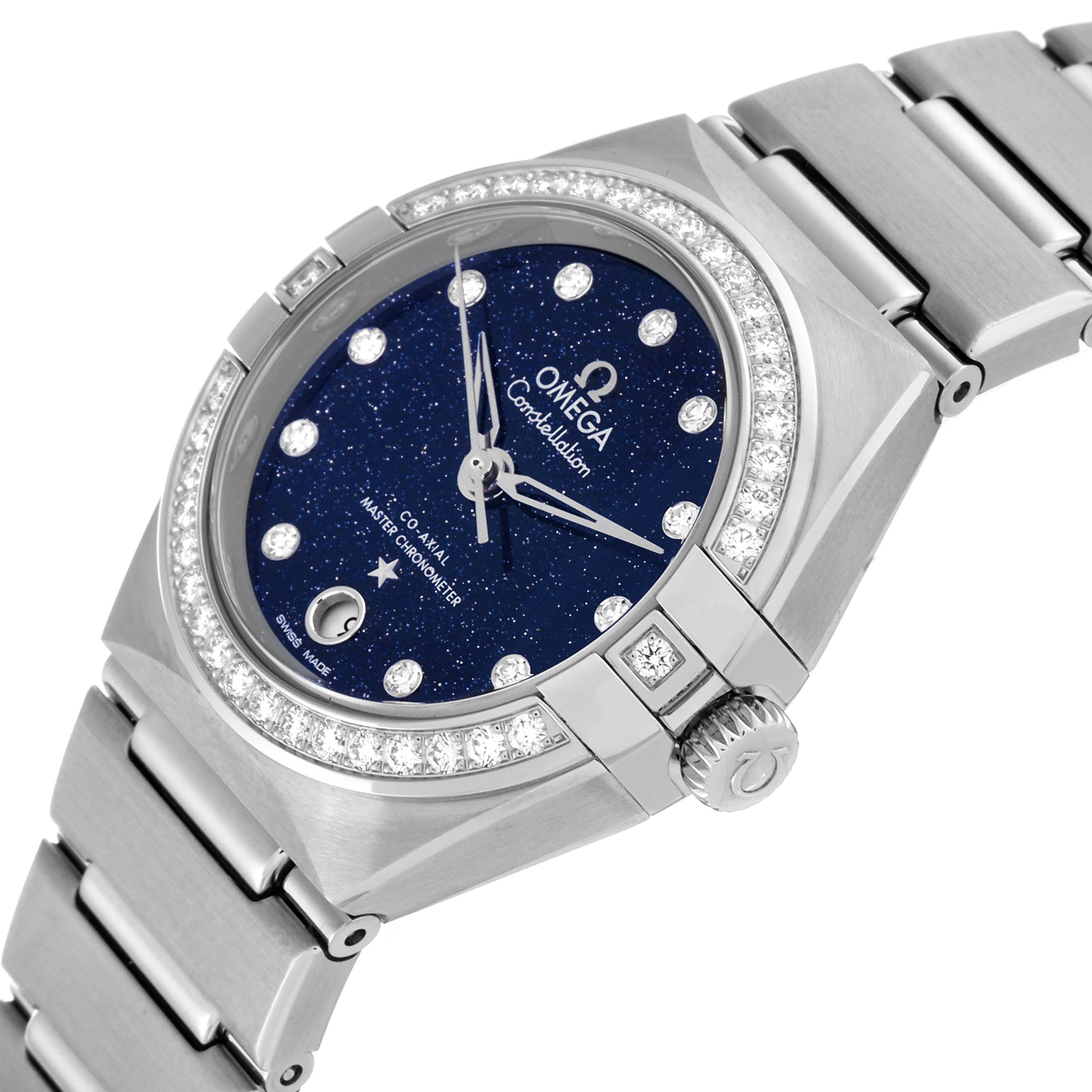 The image shows the dial and bracelet of the Omega 131.15.29.20.53.001 Women's Stainless Steel Blue Dial 131.15.29.20.53.001 Women's Stainless Steel Blue Dial Constellation Steel Diamond Ladies Watch, model 131.15.29.20.53.001, from an angled view.