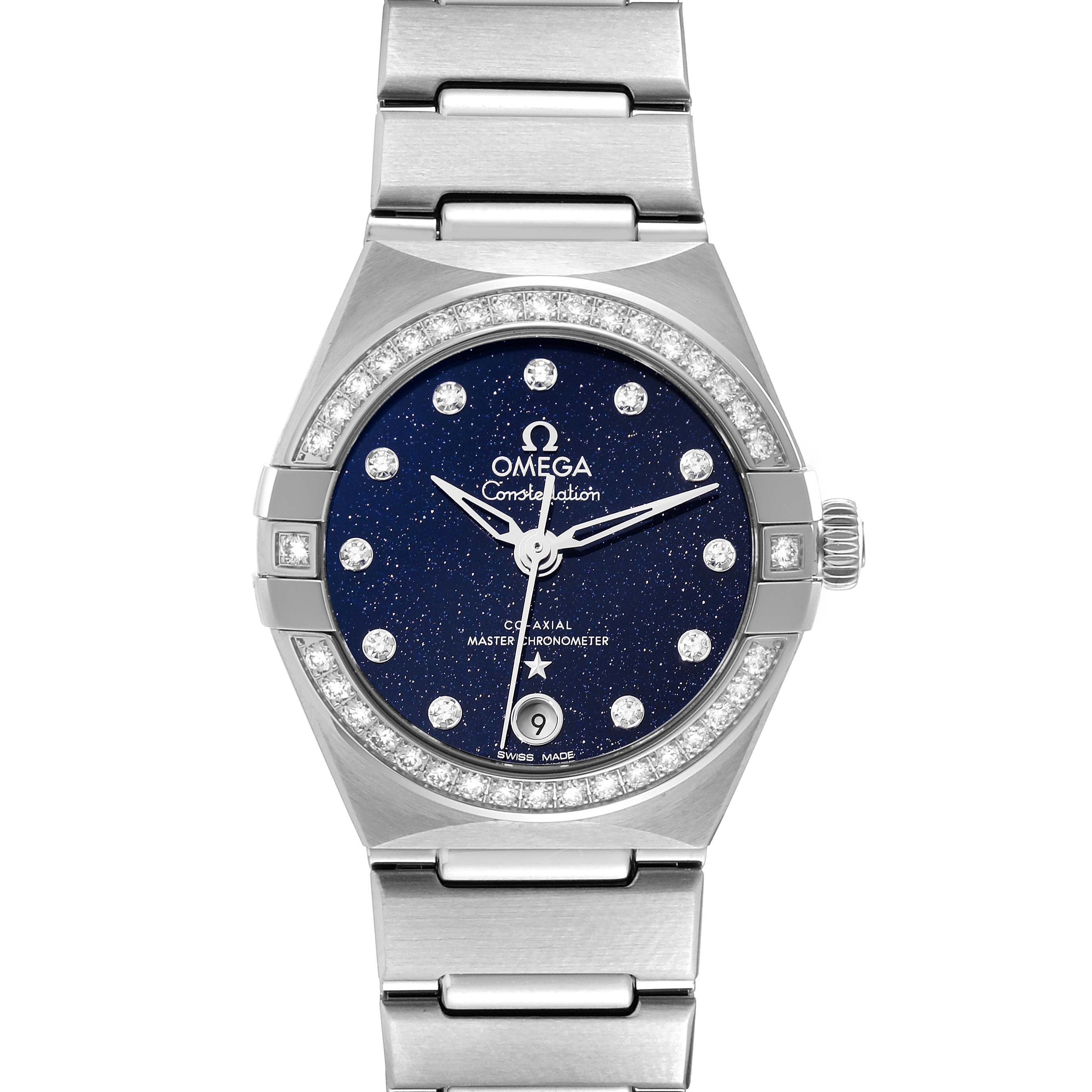The image shows a front view of the Omega 131.15.29.20.53.001 Women's Stainless Steel Blue Dial 131.15.29.20.53.001 Women's Stainless Steel Blue Dial Constellation Steel Diamond Ladies Watch 131.15.29.20.53.001 Unworn model.