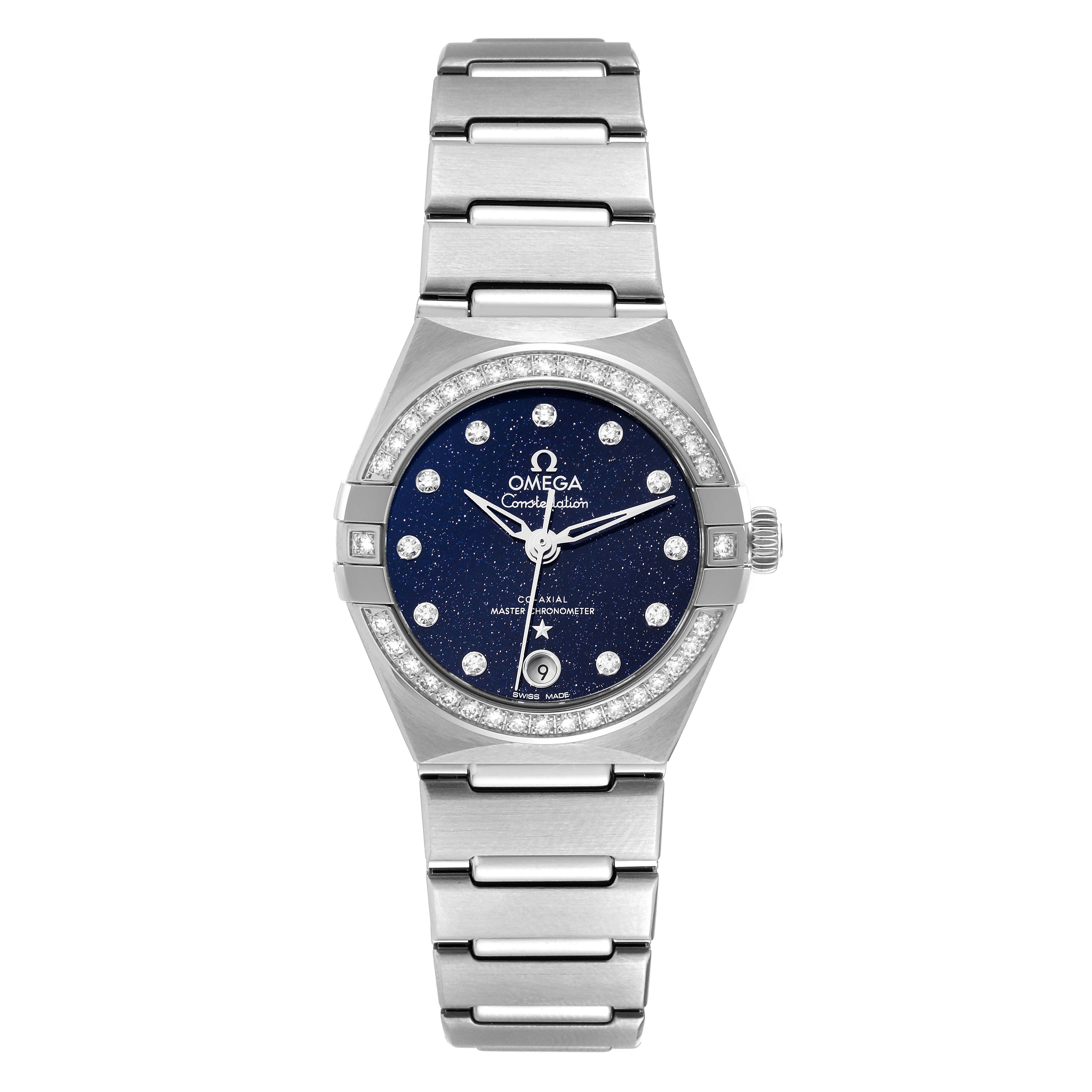 The image shows a front view of the Omega 131.15.29.20.53.001 Women's Stainless Steel Blue Dial 131.15.29.20.53.001 Women's Stainless Steel Blue Dial Constellation Steel Diamond Ladies Watch 131.15.29.20.53.001 Unworn model.