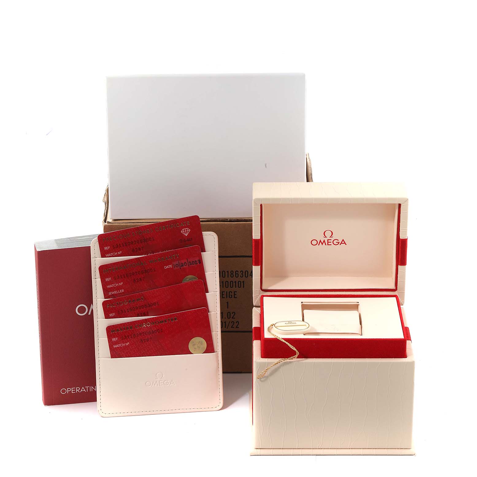 This image shows the packaging, warranty cards, and certificate holder for the Omega 131.15.29.20.53.001 Women's Stainless Steel Blue Dial 131.15.29.20.53.001 Women's Stainless Steel Blue Dial Constellation Steel Diamond Ladies Watch 131.15.29.20.53.001.