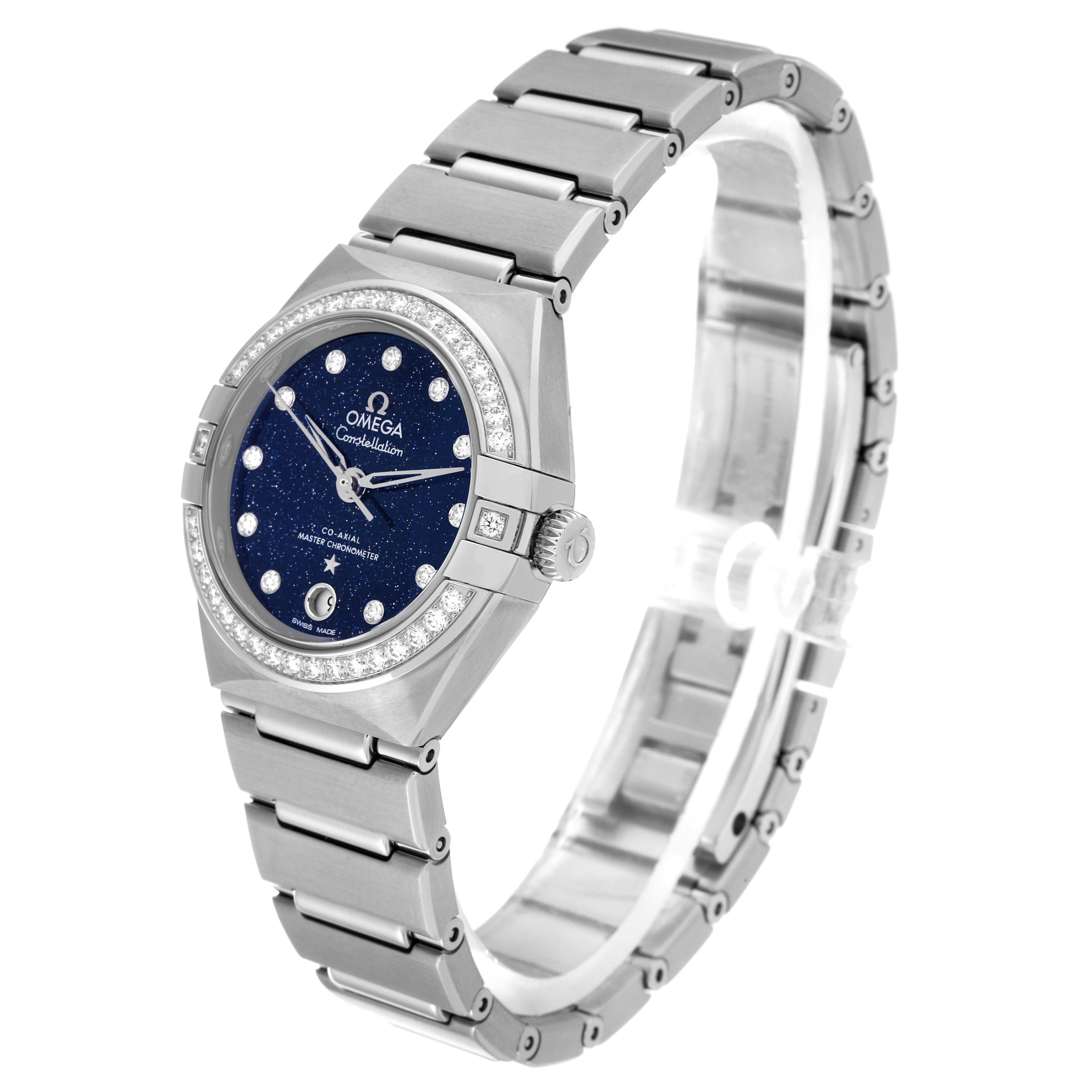 The image shows the Omega 131.15.29.20.53.001 Women's Stainless Steel Blue Dial 131.15.29.20.53.001 Women's Stainless Steel Blue Dial Constellation Steel Diamond Ladies Watch 131.15.29.20.53.001 from a front-side angle, displaying the watch face, bezel, and bracelet.