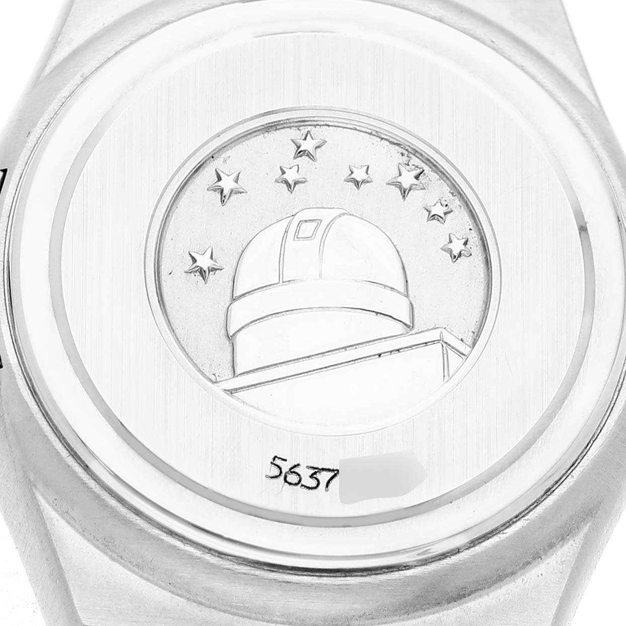 The image shows the back case of the Omega 1365.75.00 Women's Steel and Gold (two tone) Mother of Pearl Dial Constellation Steel Yellow Gold Diamond Ladies Watch, featuring an observatory engraving.