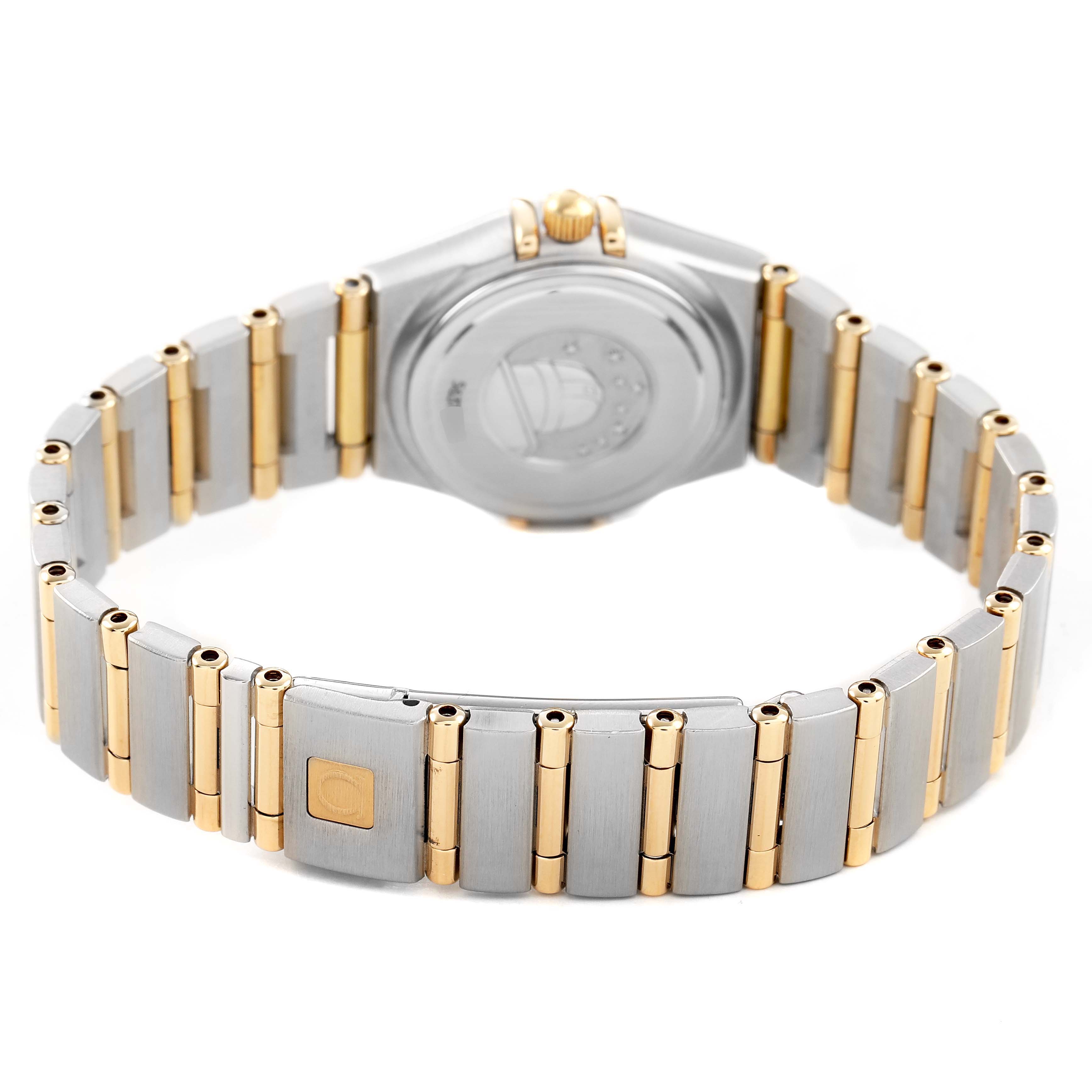 The image shows the back view of the Omega 1365.75.00 Women's Steel and Gold (two tone) Mother of Pearl Dial Constellation Steel Yellow Gold Diamond Ladies Watch, highlighting the bracelet and clasp.