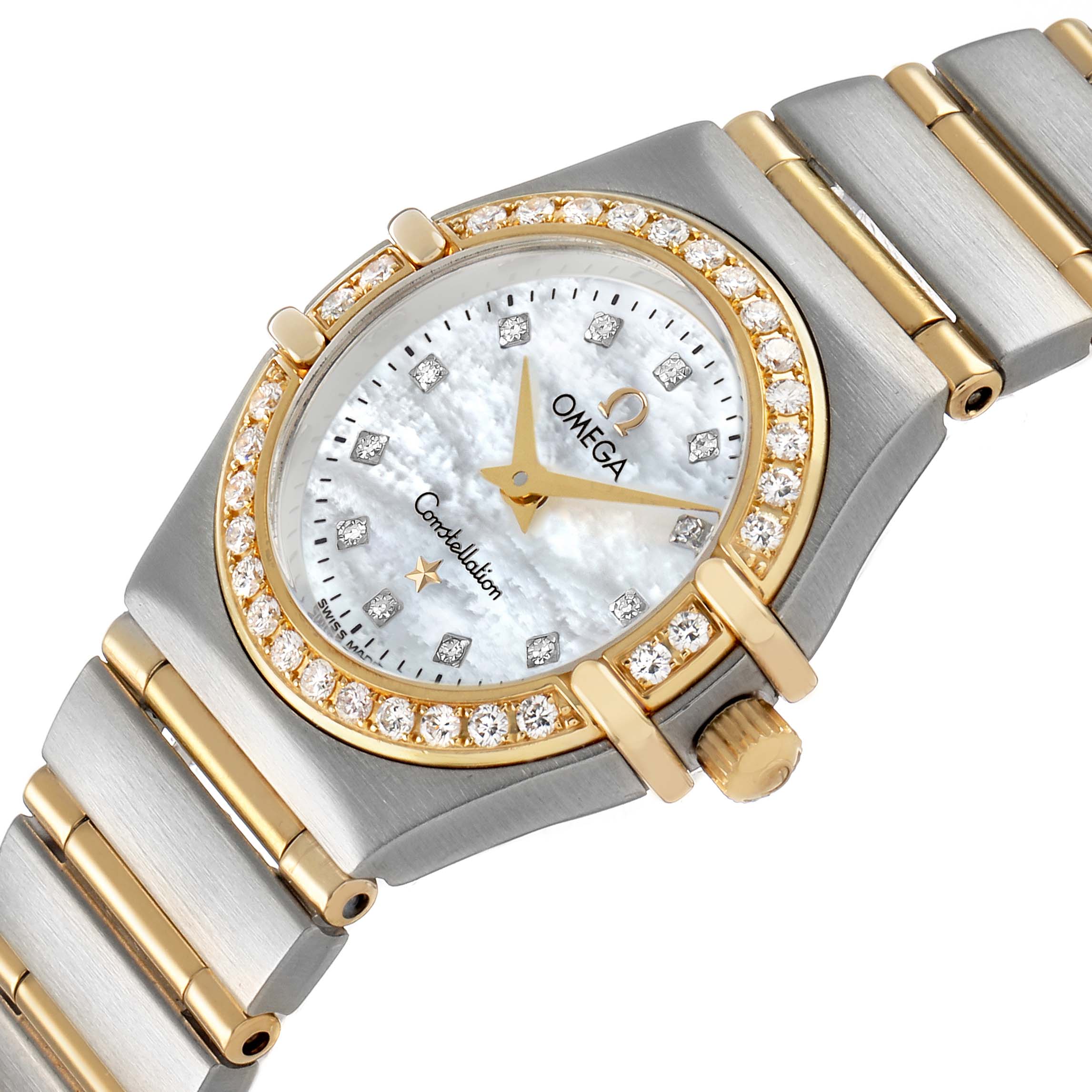 The Omega 1365.75.00 Women's Steel and Gold (two tone) Mother of Pearl Dial Constellation Steel Yellow Gold Diamond Ladies Watch is shown at an angle highlighting its bezel, dial, and bracelet.