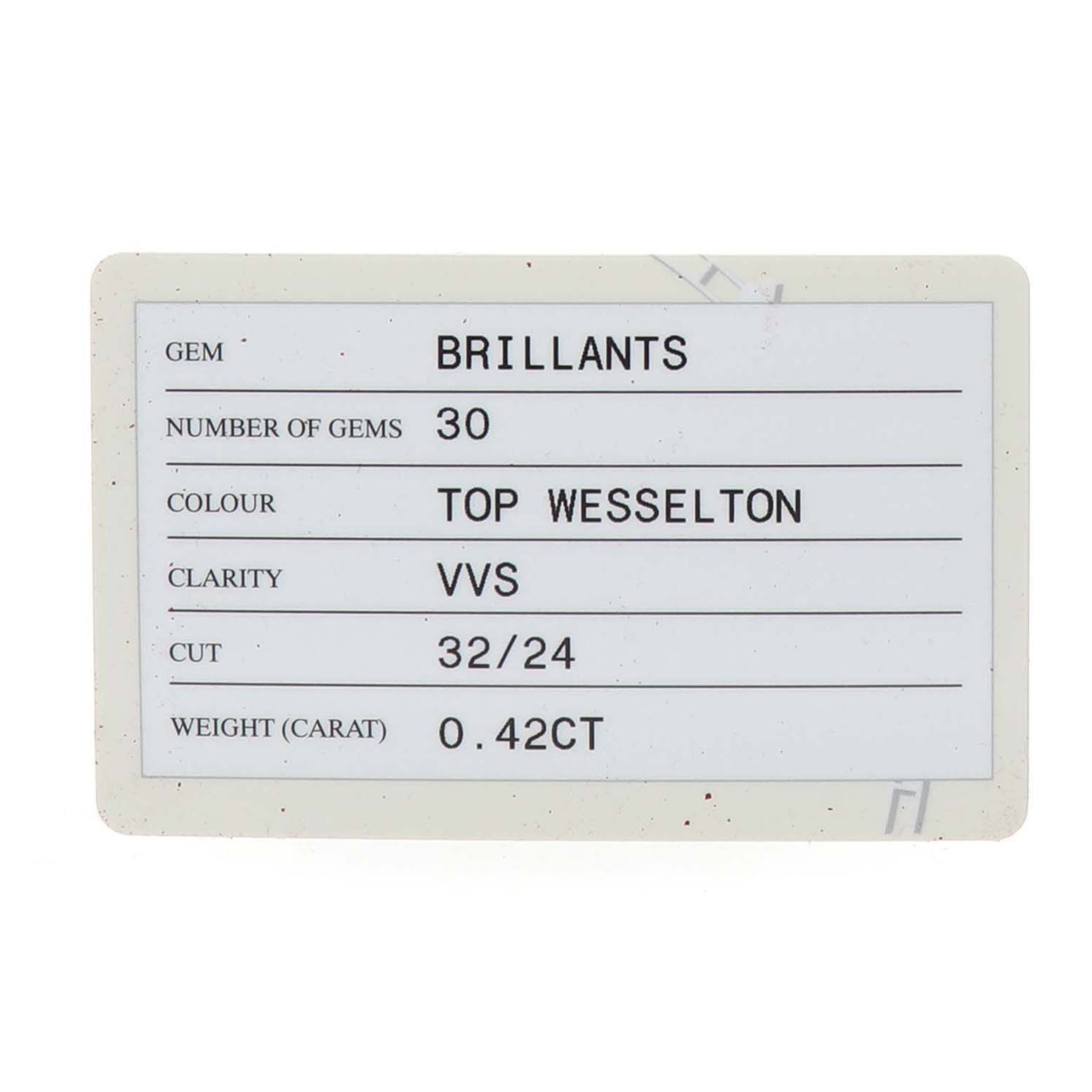 This image shows a gem certificate card for the Omega 1365.75.00 Women's Steel and Gold (two tone) Mother of Pearl Dial Constellation Steel Yellow Gold Diamond Ladies Watch model 1365.75.00.