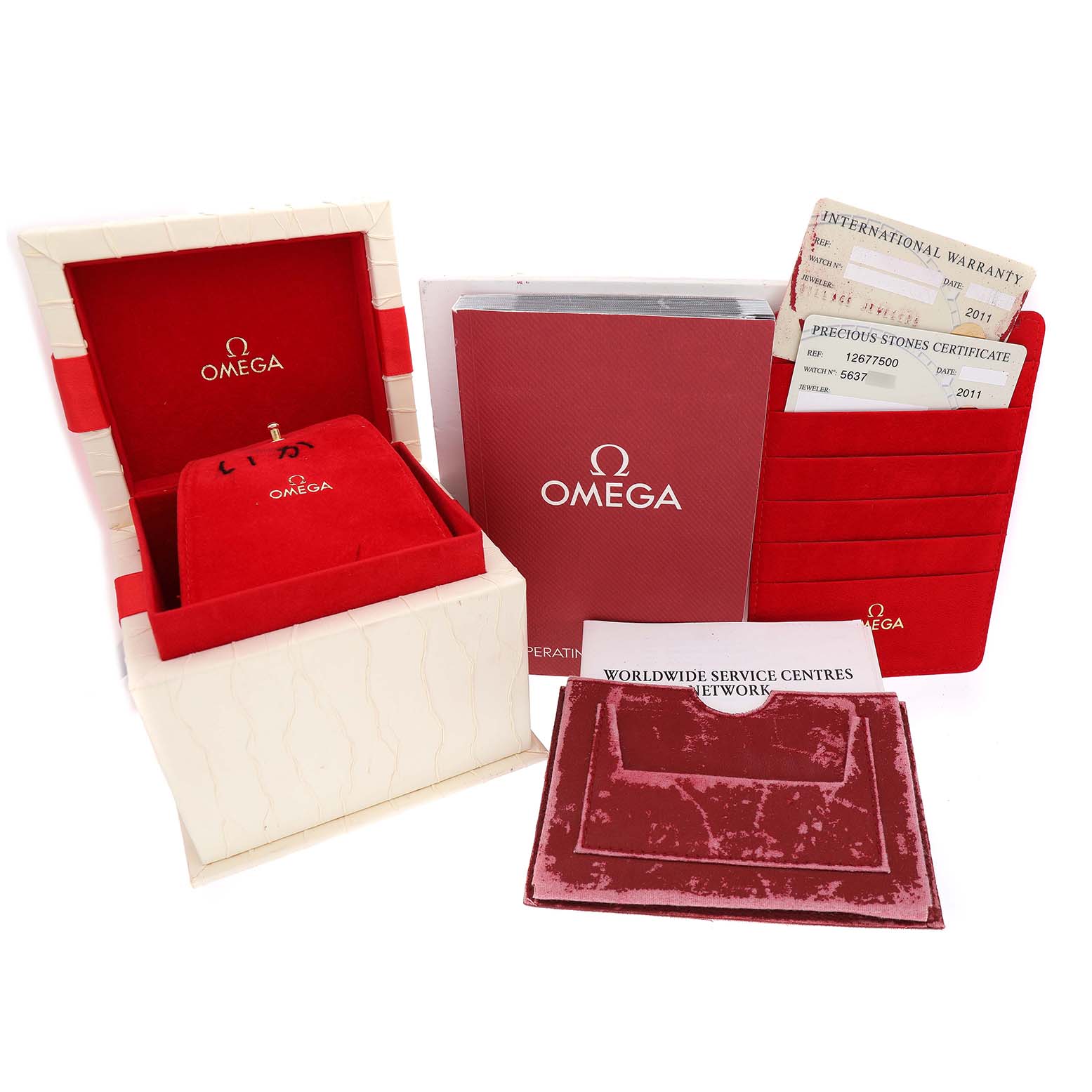 The image shows the packaging and documentation for the Omega 1365.75.00 Women's Steel and Gold (two tone) Mother of Pearl Dial Constellation Steel Yellow Gold Diamond Ladies Watch 1365.75.00.