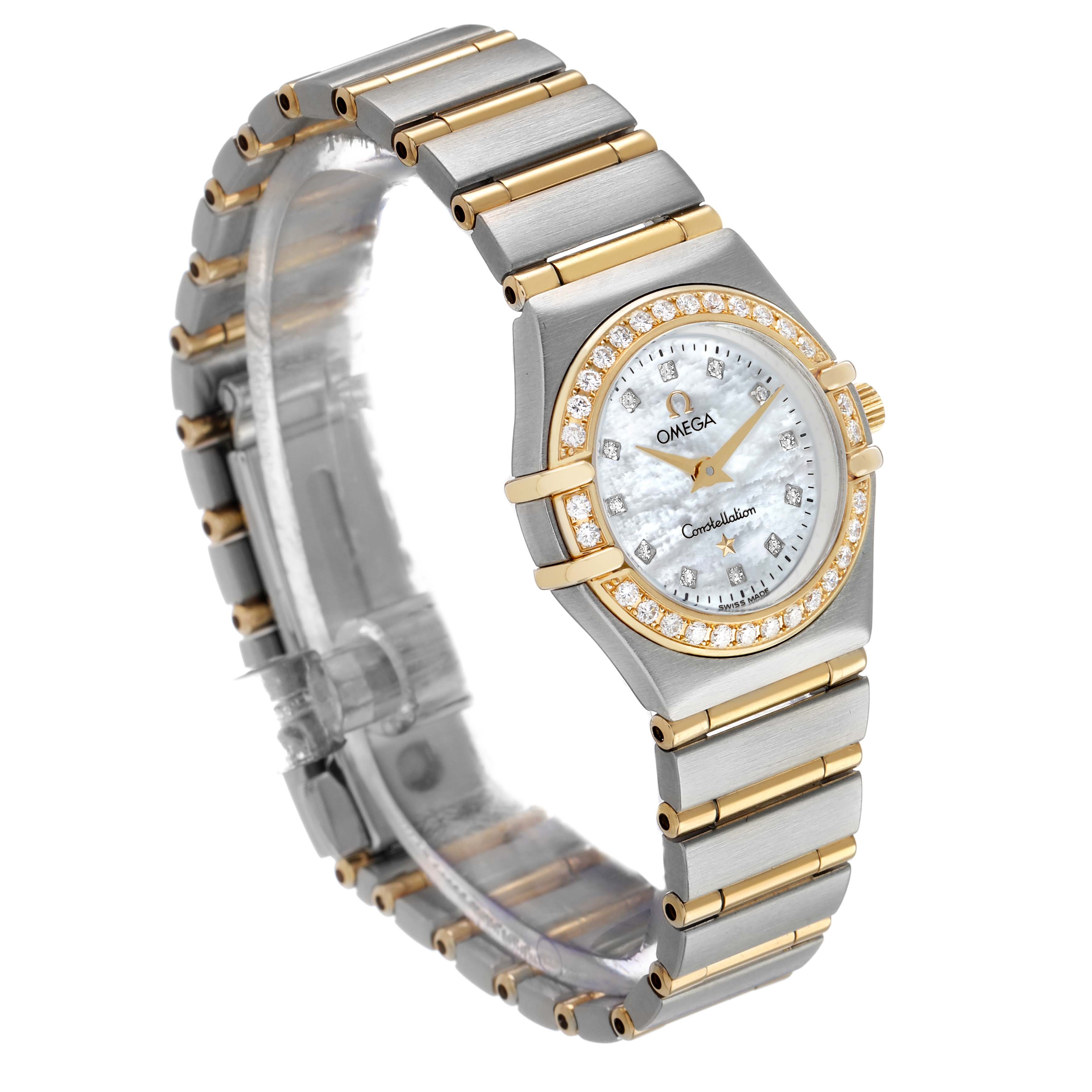 The Omega 1365.75.00 Women's Steel and Gold (two tone) Mother of Pearl Dial Constellation Steel Yellow Gold Diamond Ladies Watch 1365.75.00 is angled to show its face, bezel, and bracelet.