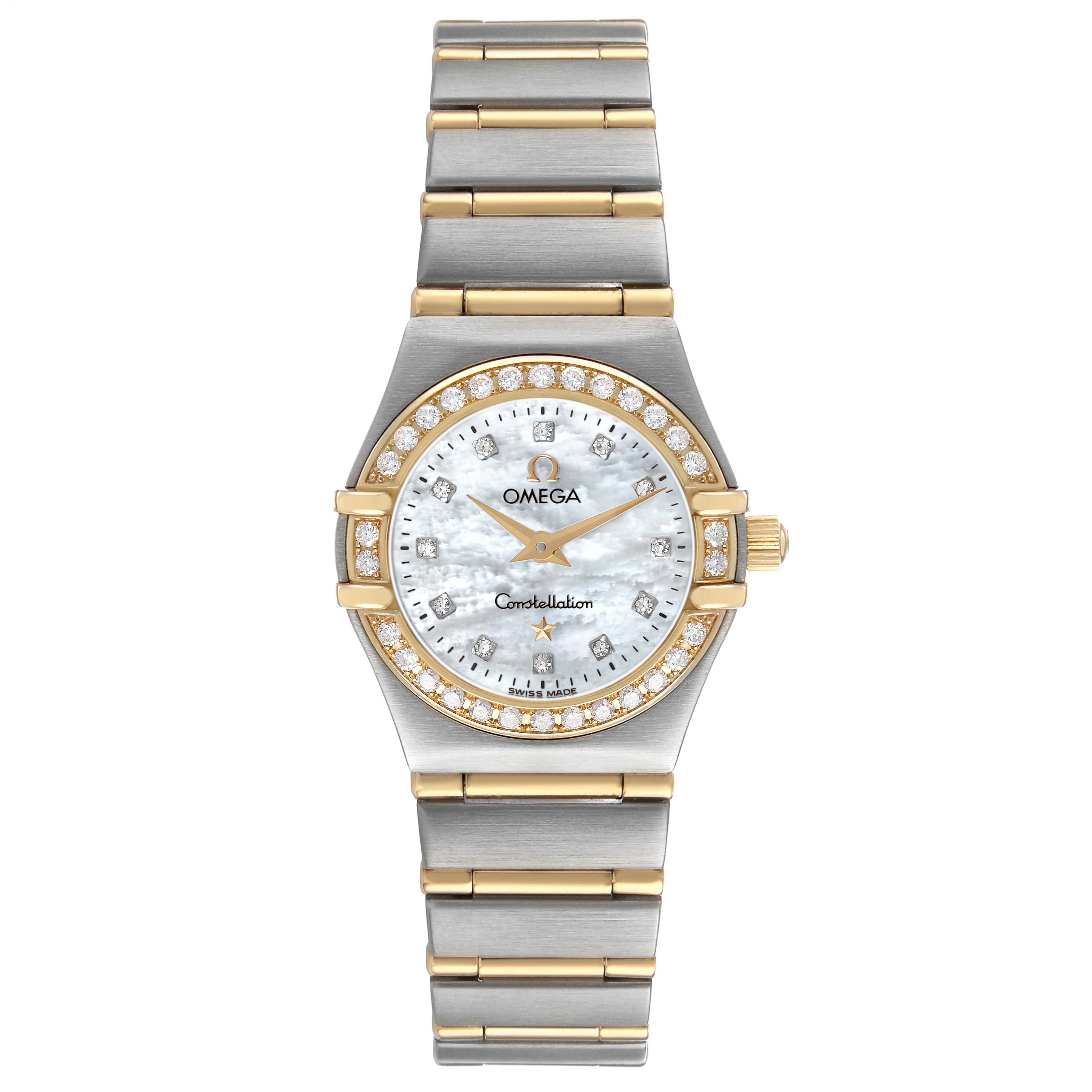 The Omega 1365.75.00 Women's Steel and Gold (two tone) Mother of Pearl Dial Constellation Steel Yellow Gold Diamond Ladies Watch is shown from a top view, highlighting the face, bezel, and bracelet.