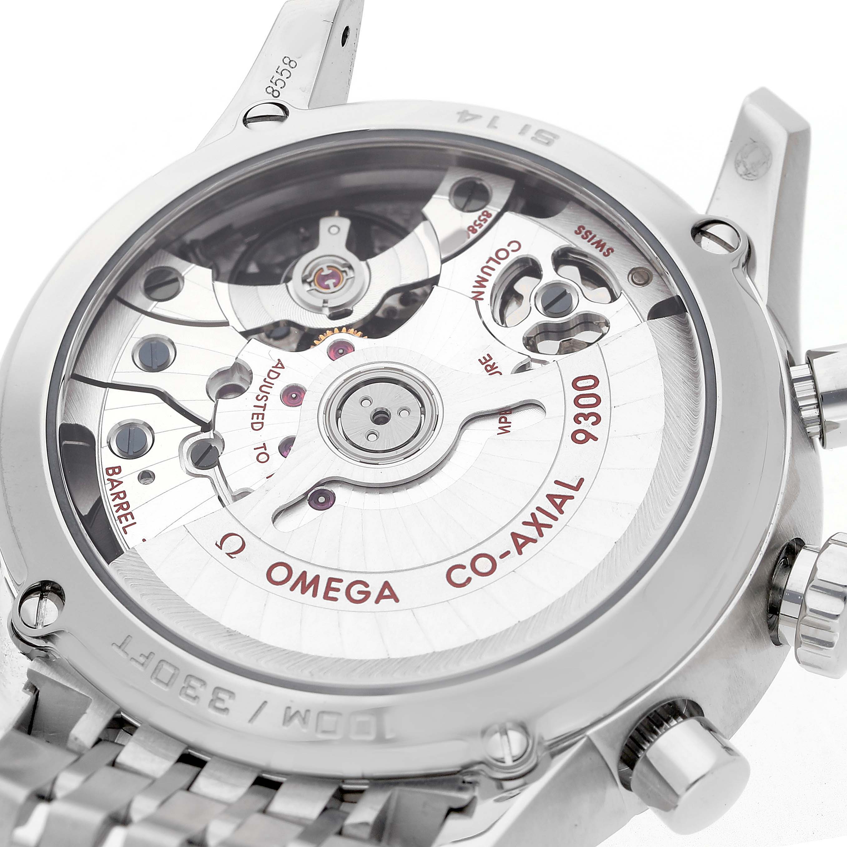 The image shows the back of the Omega De Ville 431.10.42.51.02.001 Men's Stainless Steel Silver Dial watch, highlighting its Co-Axial 9300 movement and intricate components.