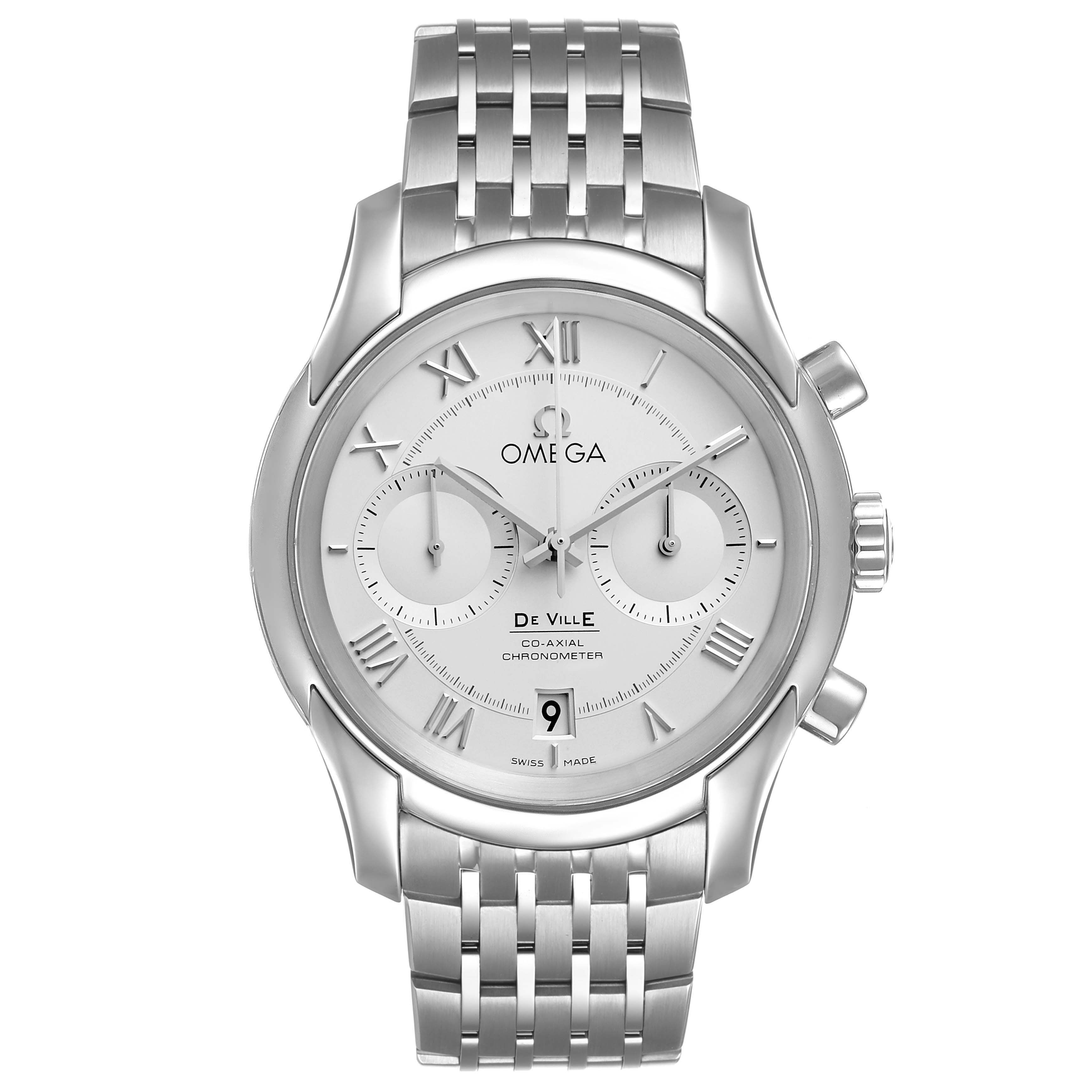 The Omega De Ville 431.10.42.51.02.001 Men's Stainless Steel Silver Dial watch is shown from the front, featuring its face, bezel, pushers, and a linked metal bracelet.