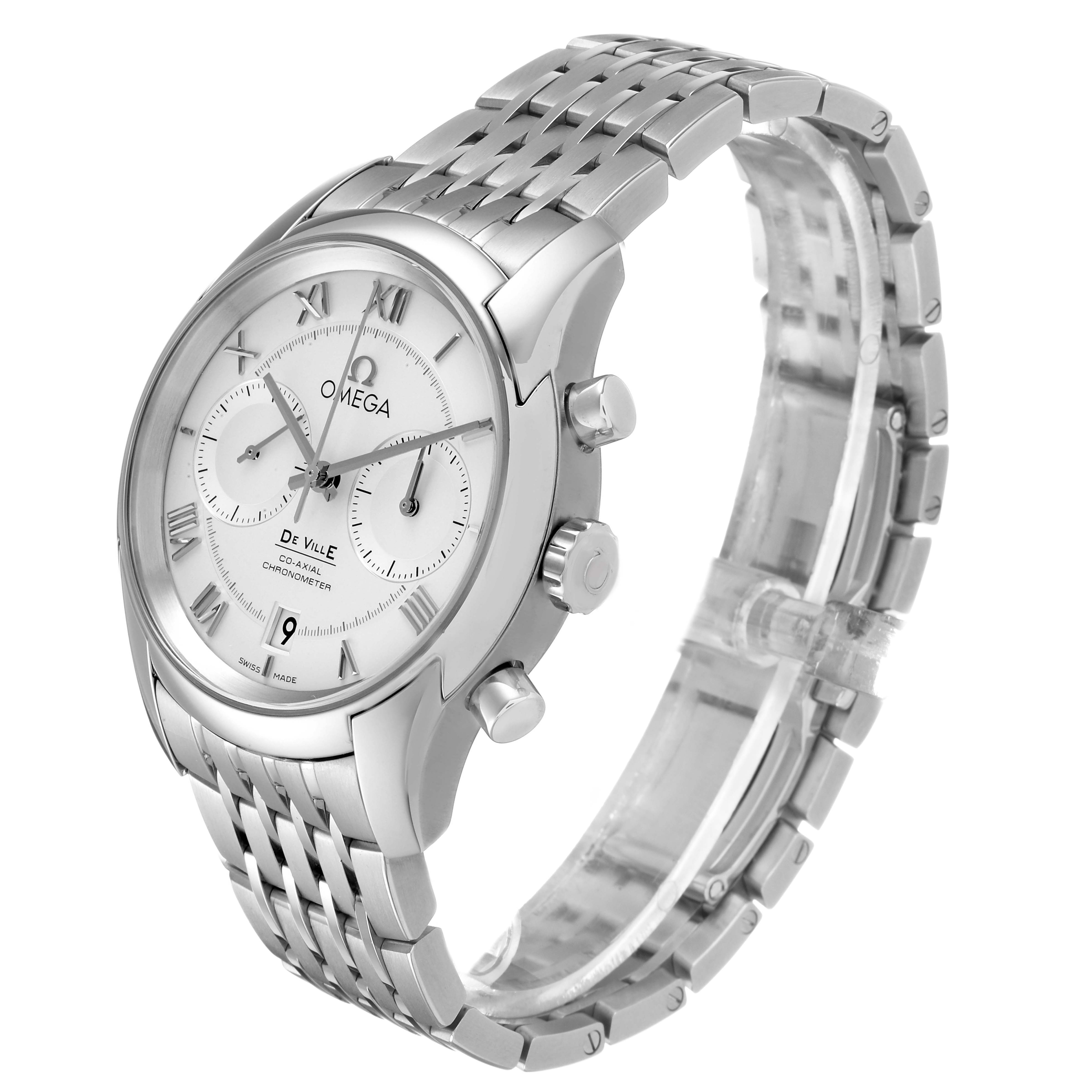 The Omega De Ville 431.10.42.51.02.001 Men's Stainless Steel Silver Dial watch is shown at a three-quarter angle, highlighting the face, bezel, and metal bracelet.