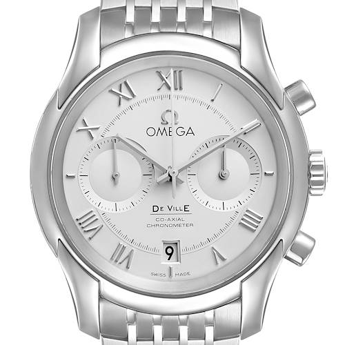 The Omega De Ville 431.10.42.51.02.001 Men's Stainless Steel Silver Dial watch is shown from a front angle, displaying the dial, Roman numerals, subdials, and metal bracelet.