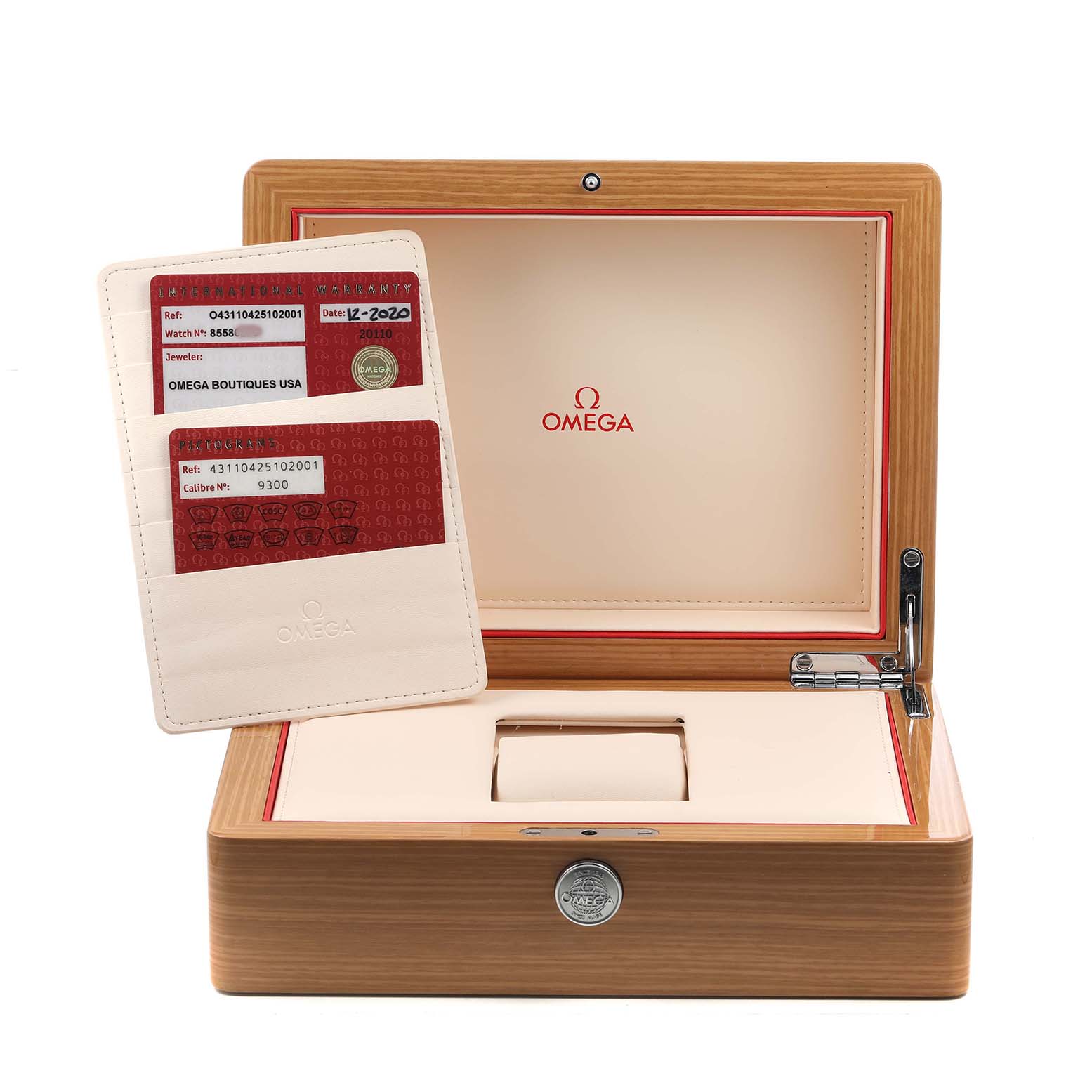 The image shows an open Omega De Ville 431.10.42.51.02.001 Men's Stainless Steel Silver Dial watch box and warranty cards at an angle displaying the interior and accessories.