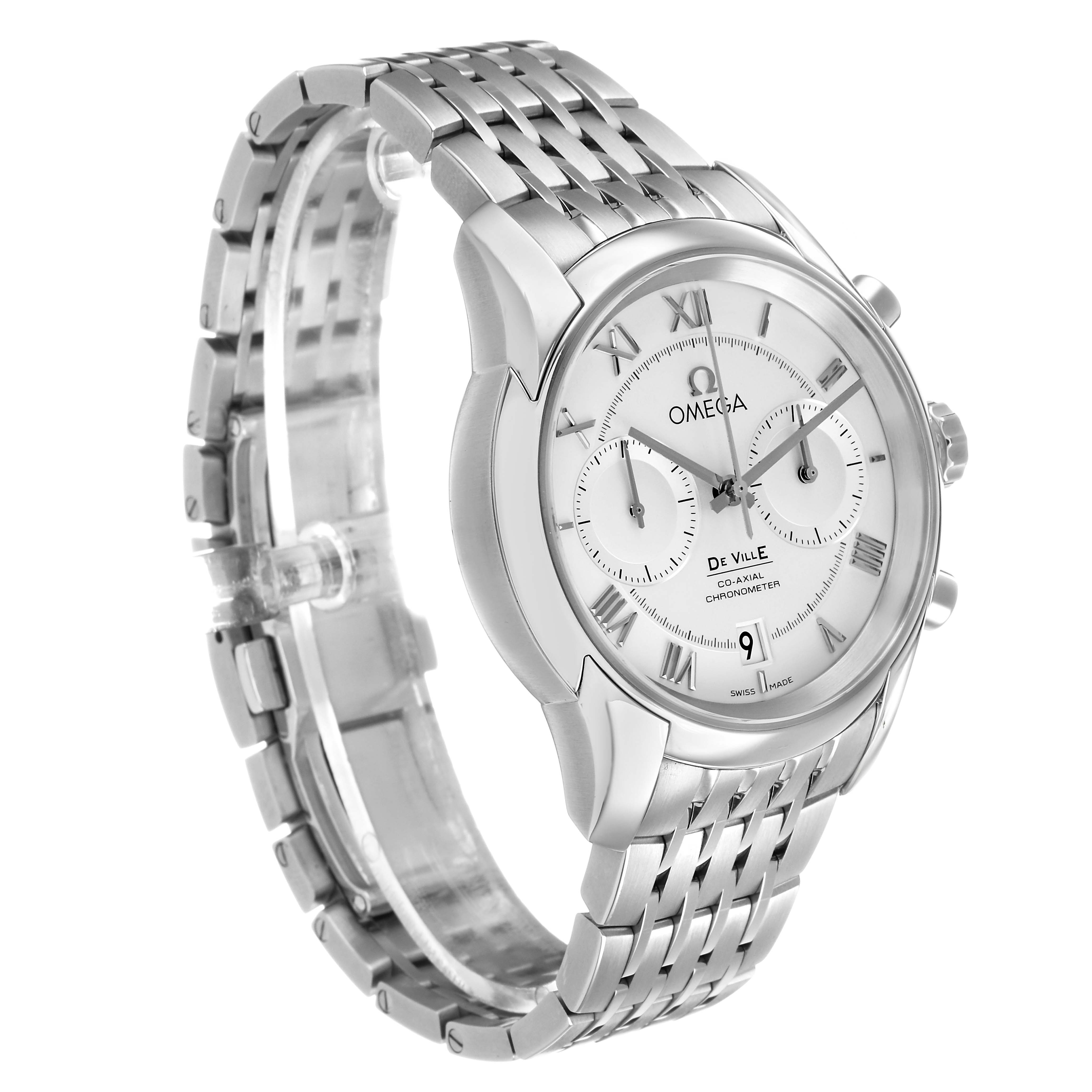 The Omega De Ville 431.10.42.51.02.001 Men's Stainless Steel Silver Dial watch is shown at a three-quarter angle, highlighting its face, bezel, and metal bracelet.
