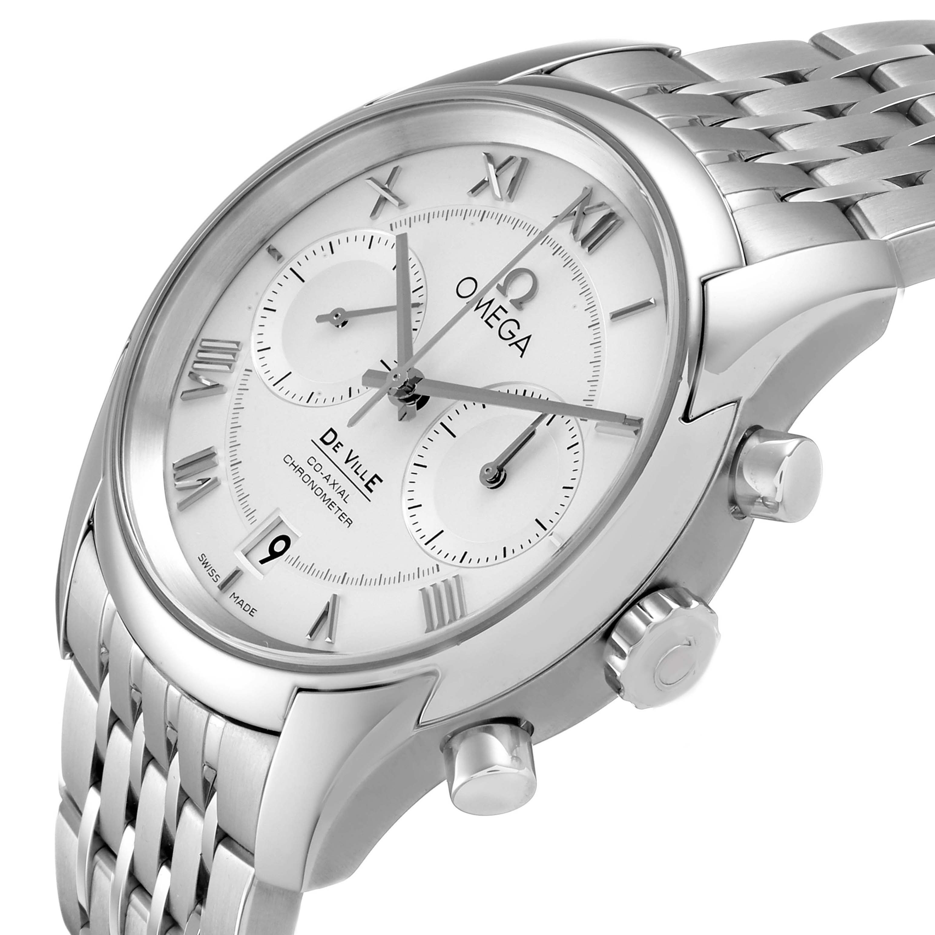 The Omega De Ville 431.10.42.51.02.001 Men's Stainless Steel Silver Dial watch is shown at a three-quarter angle, highlighting the face, sub-dials, crown, and part of the bracelet.