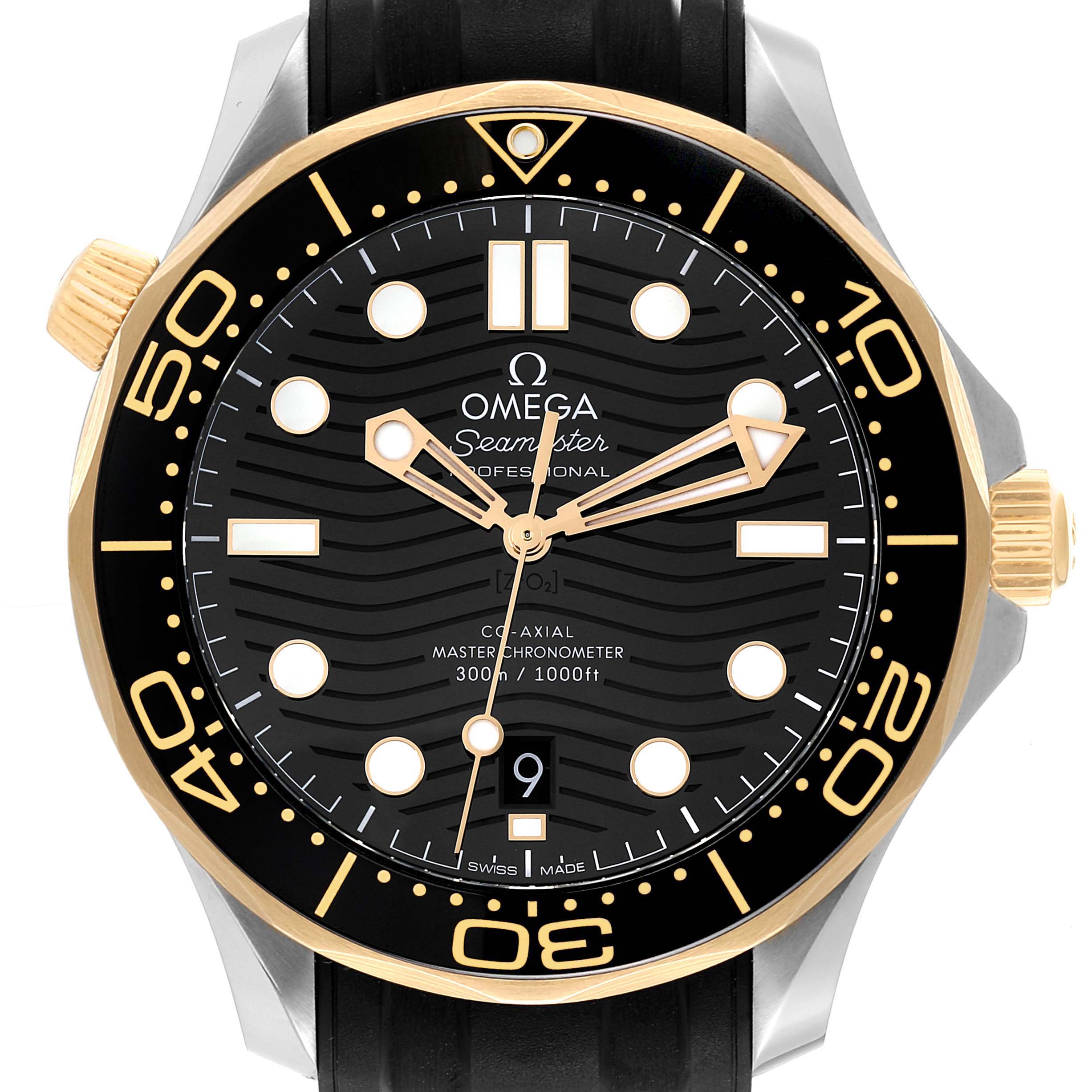 The image shows a front view of an Omega Seamaster 210.22.42.20.01.001 Men's Stainless Steel Black Dial 210.22.42.20.01.001 Men's Stainless Steel Black Dial watch, highlighting the dial, bezel, and crown.