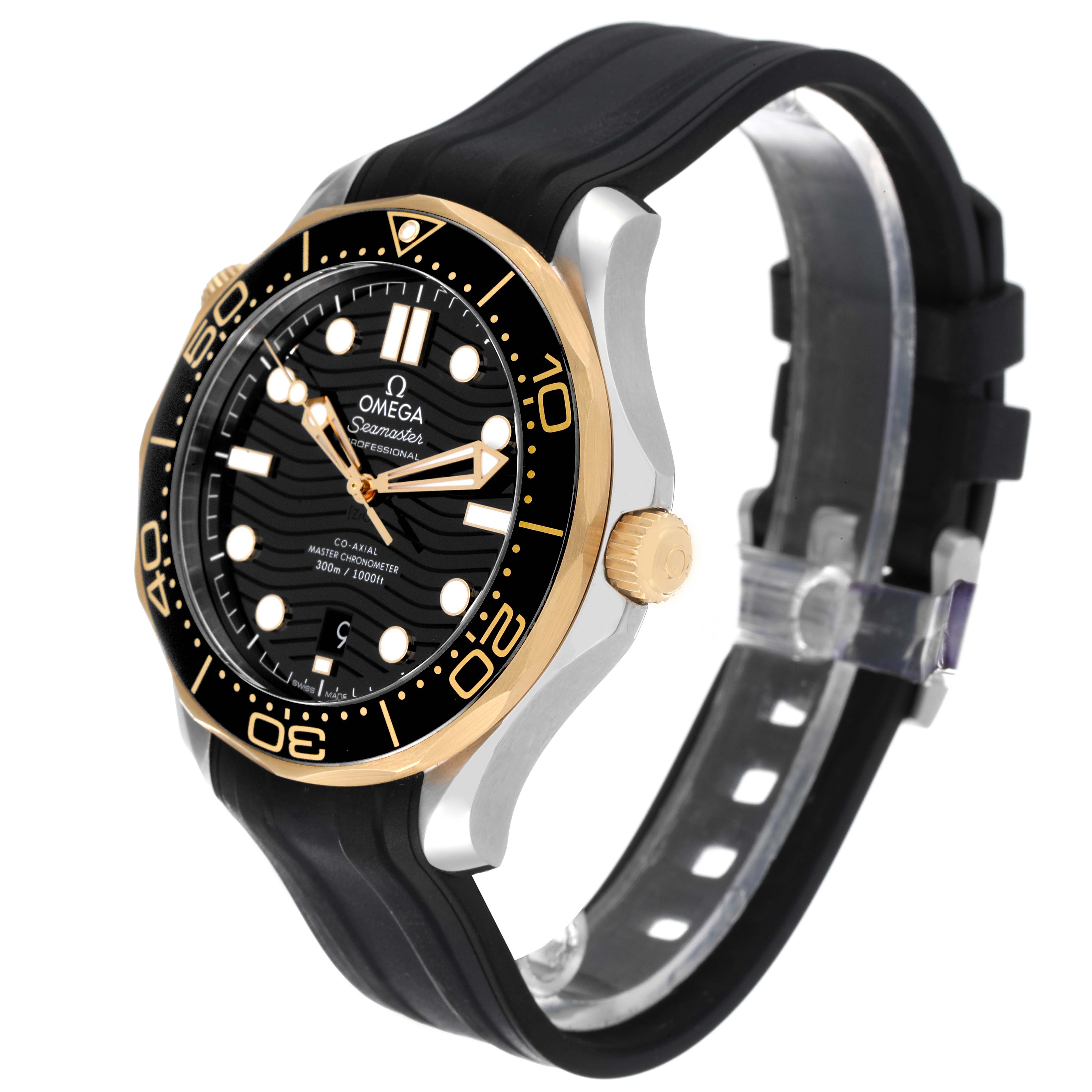 This image shows a side angle of the Omega Seamaster 210.22.42.20.01.001 Men's Stainless Steel Black Dial 210.22.42.20.01.001 Men's Stainless Steel Black Dial watch, highlighting its black dial, bezel, crown, and rubber strap.