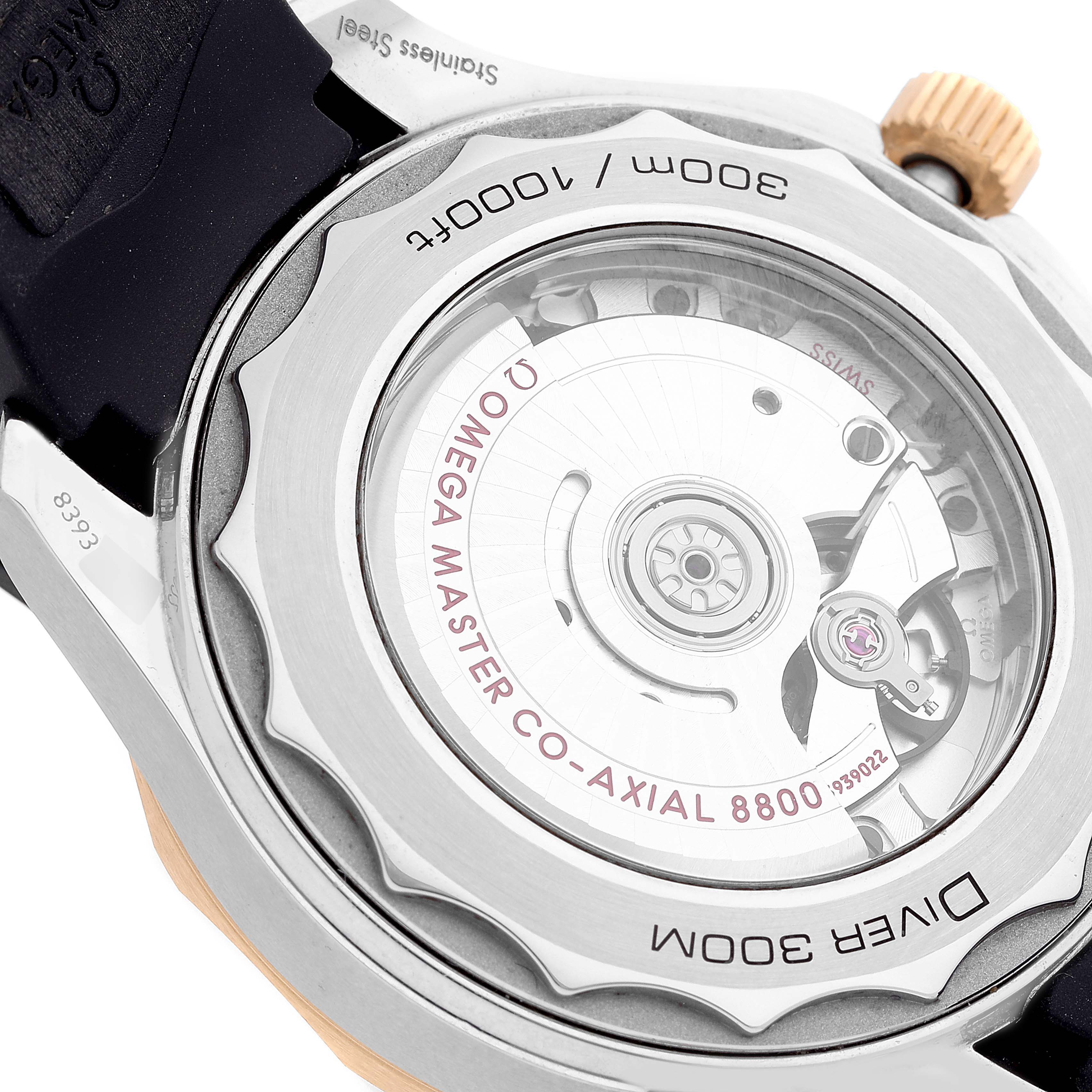 This image shows the back view of the Omega Seamaster 210.22.42.20.01.001 Men's Stainless Steel Black Dial 210.22.42.20.01.001 Men's Stainless Steel Black Dial watch, focusing on its transparent case showing the Co-Axial 8800 movement.