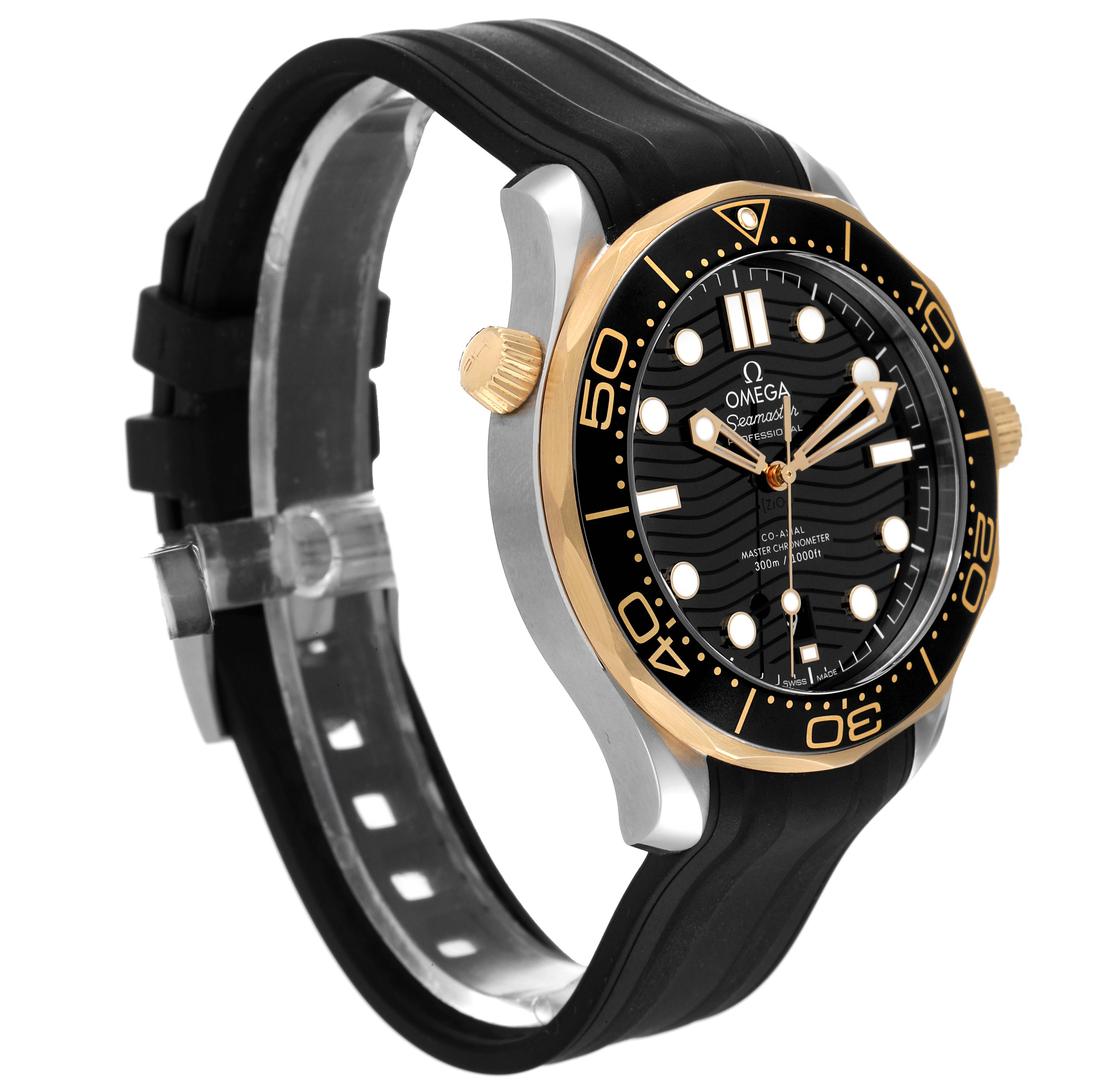 The image shows an Omega Seamaster 210.22.42.20.01.001 Men's Stainless Steel Black Dial 210.22.42.20.01.001 Men's Stainless Steel Black Dial watch from an angled side view, highlighting the bezel, face, strap, and crown.