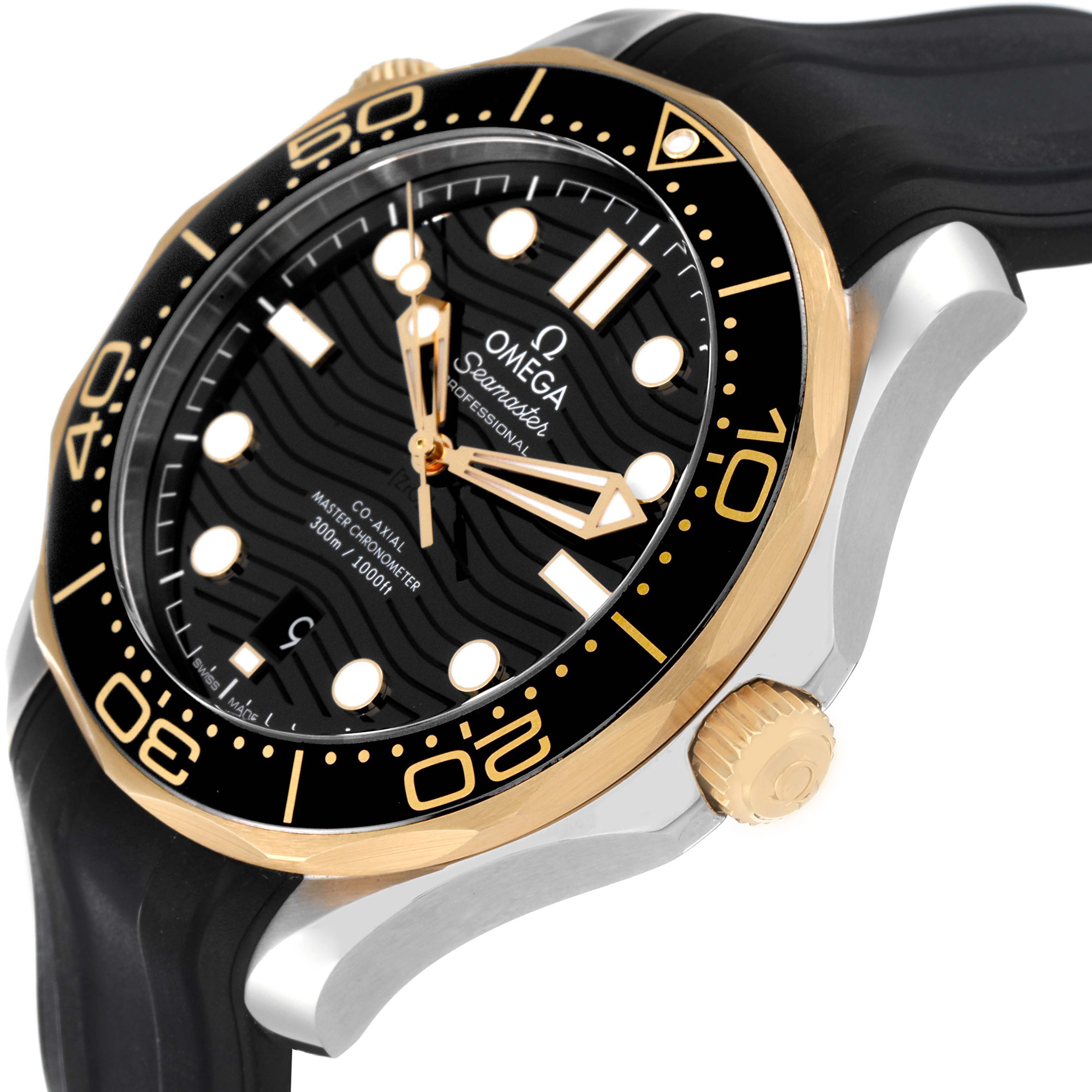 The angle shows the dial, bezel, crown, and part of the strap of the Omega Seamaster 210.22.42.20.01.001 Men's Stainless Steel Black Dial 210.22.42.20.01.001 Men's Stainless Steel Black Dial watch.