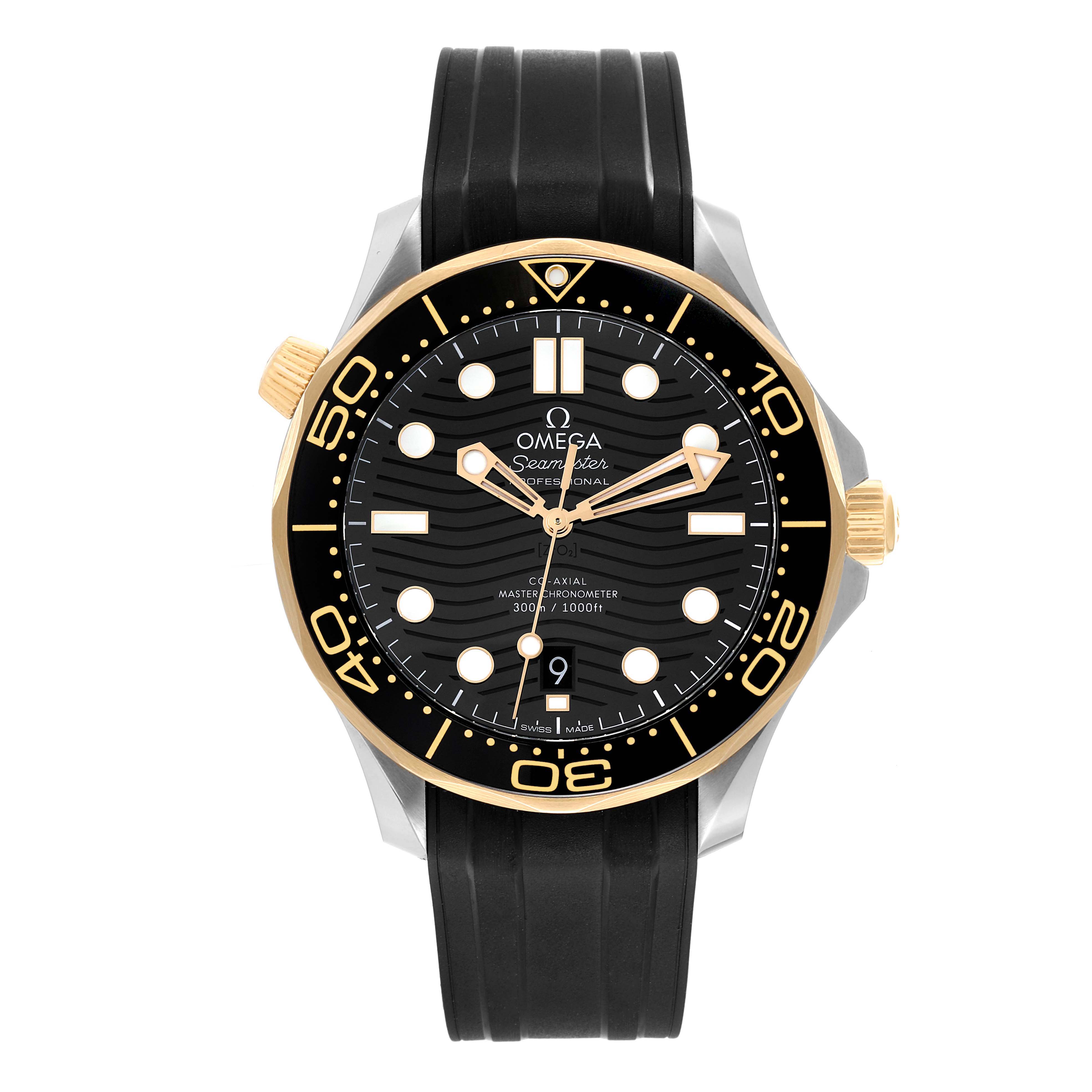 The image shows a front view of the Omega Seamaster 210.22.42.20.01.001 Men's Stainless Steel Black Dial 210.22.42.20.01.001 Men's Stainless Steel Black Dial watch, highlighting its black dial and gold accents with a black rubber strap.