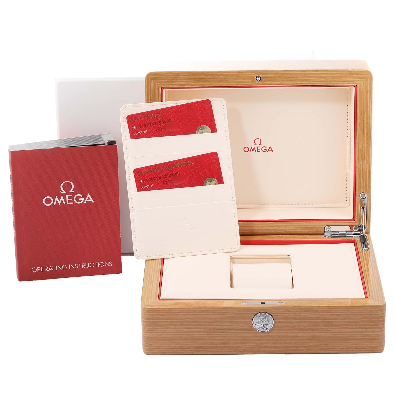 The image shows the storage box, operating instructions, and certification cards for the Omega Seamaster 210.22.42.20.01.001 Men's Stainless Steel Black Dial 210.22.42.20.01.001 Men's Stainless Steel Black Dial watch.