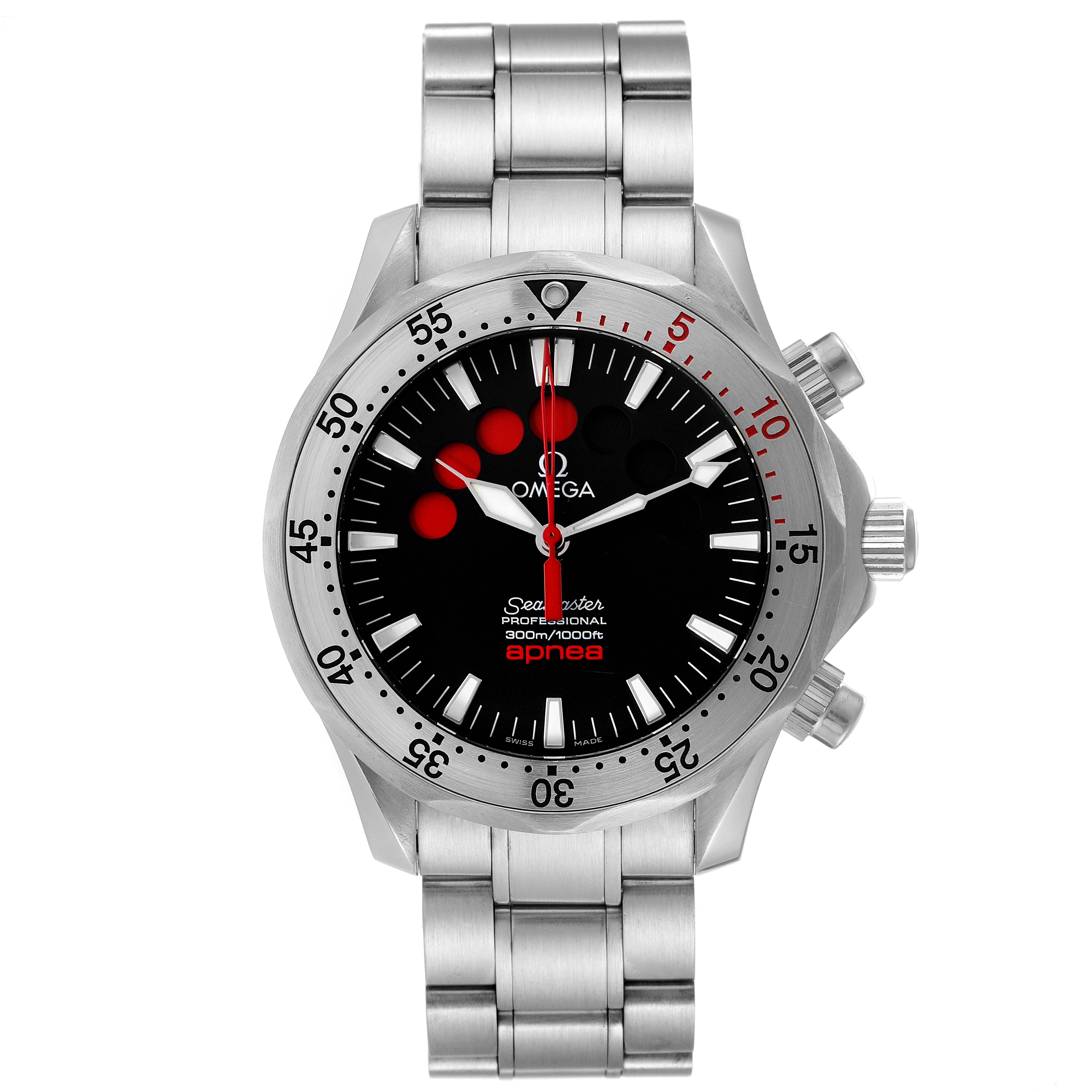 This image shows a frontal view of the Omega Seamaster 2595.50.00 Men's Stainless Steel Black Dial 2595.50.00 Men's Stainless Steel Black Dial watch, highlighting the dial, bezel, and bracelet.