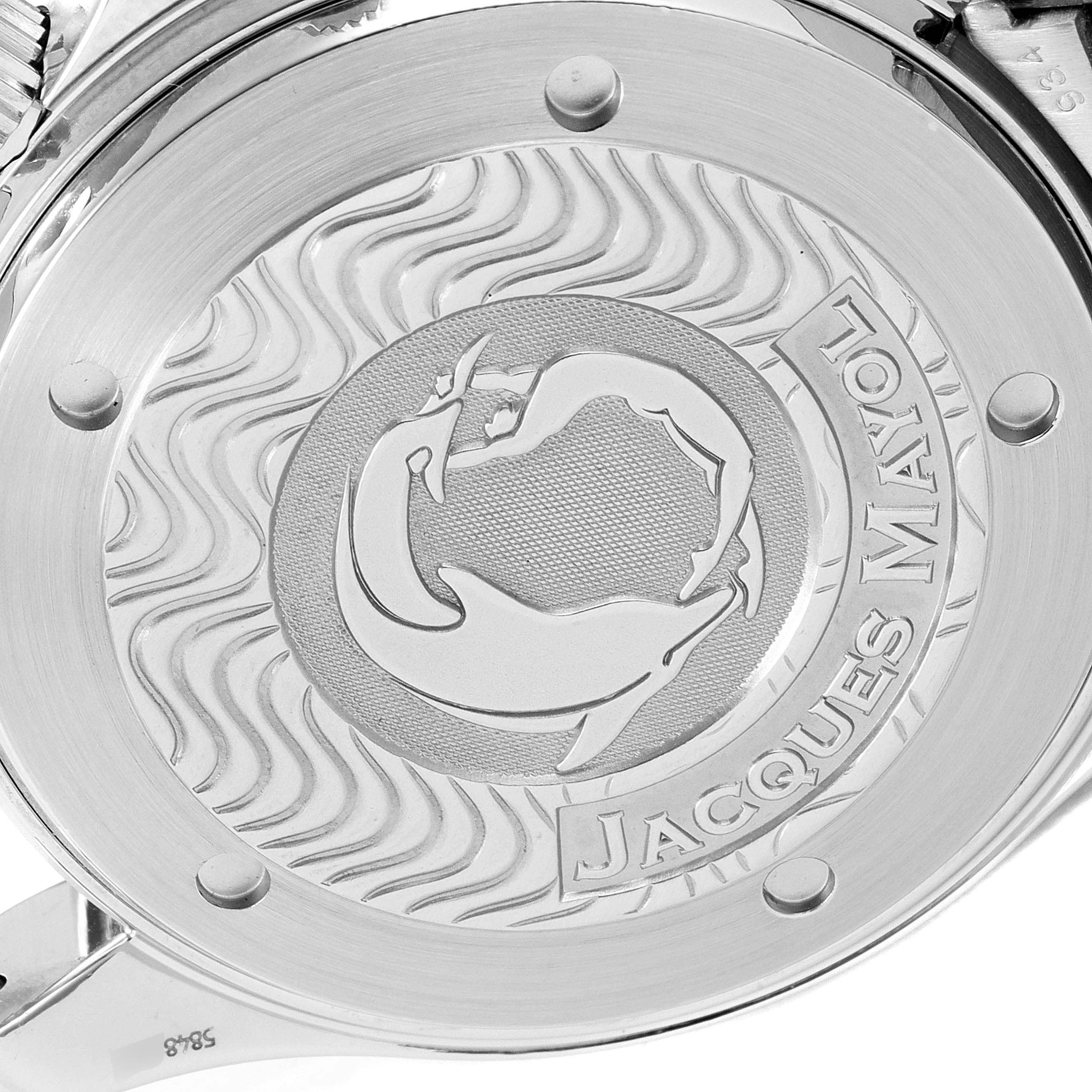 The image shows the engraved case back of an Omega Seamaster 2595.50.00 Men's Stainless Steel Black Dial 2595.50.00 Men's Stainless Steel Black Dial Jacques Mayol edition watch, viewed from the back.