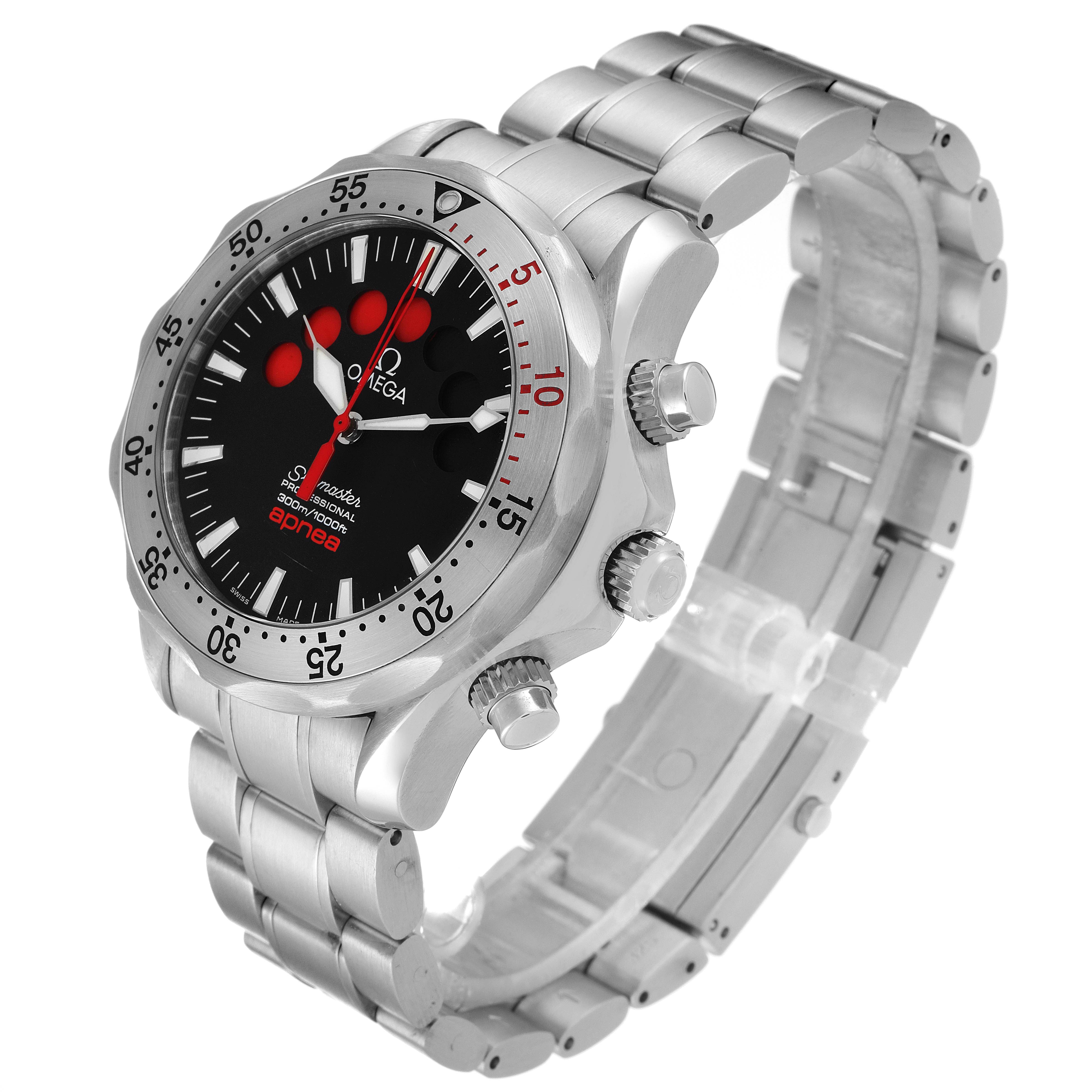 The Omega Seamaster 2595.50.00 Men's Stainless Steel Black Dial 2595.50.00 Men's Stainless Steel Black Dial watch is shown at a three-quarter angle, highlighting the face, bezel, crown, and bracelet.