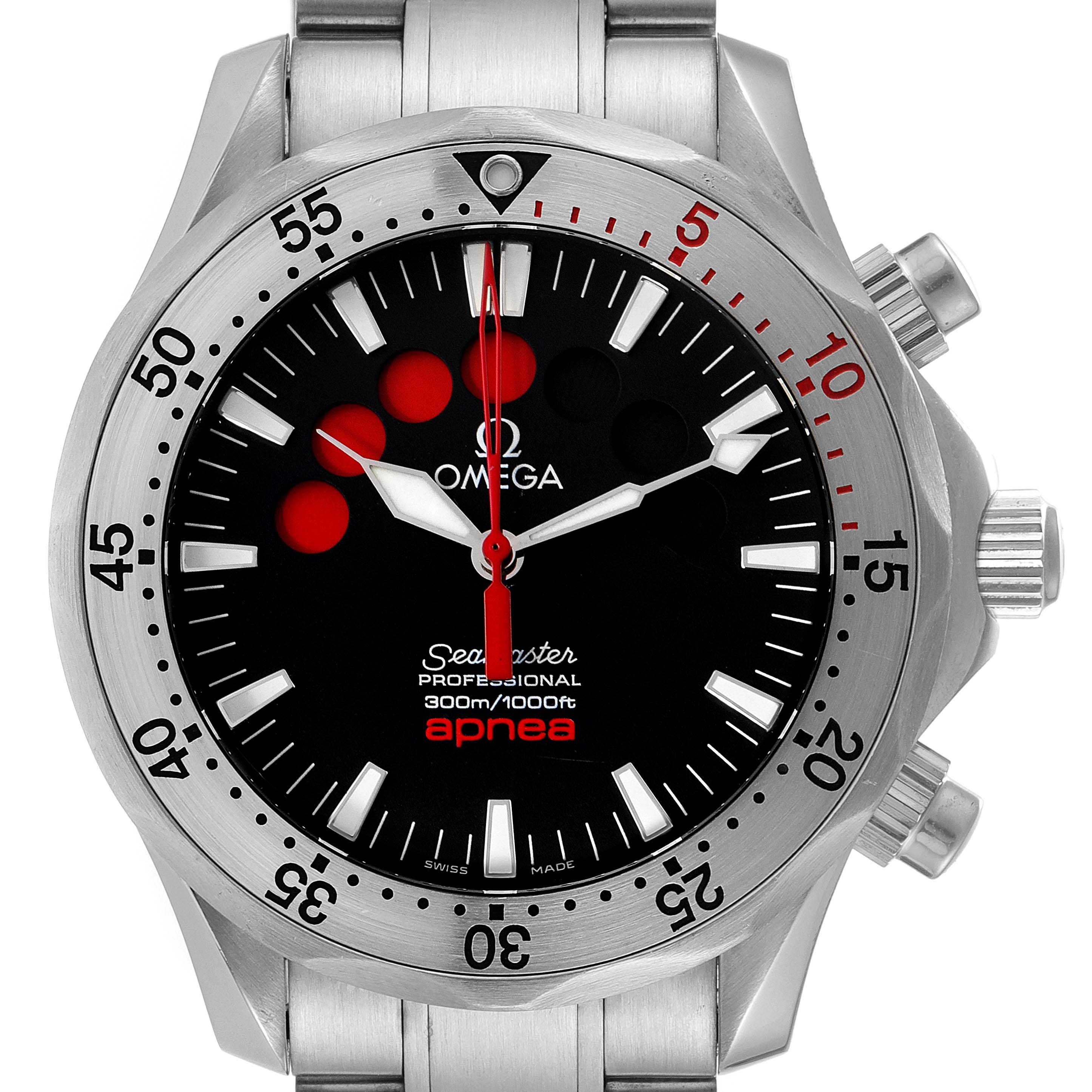 The image shows a frontal view of an Omega Seamaster 2595.50.00 Men's Stainless Steel Black Dial 2595.50.00 Men's Stainless Steel Black Dial Professional Apnea wristwatch, displaying the dial and bezel.