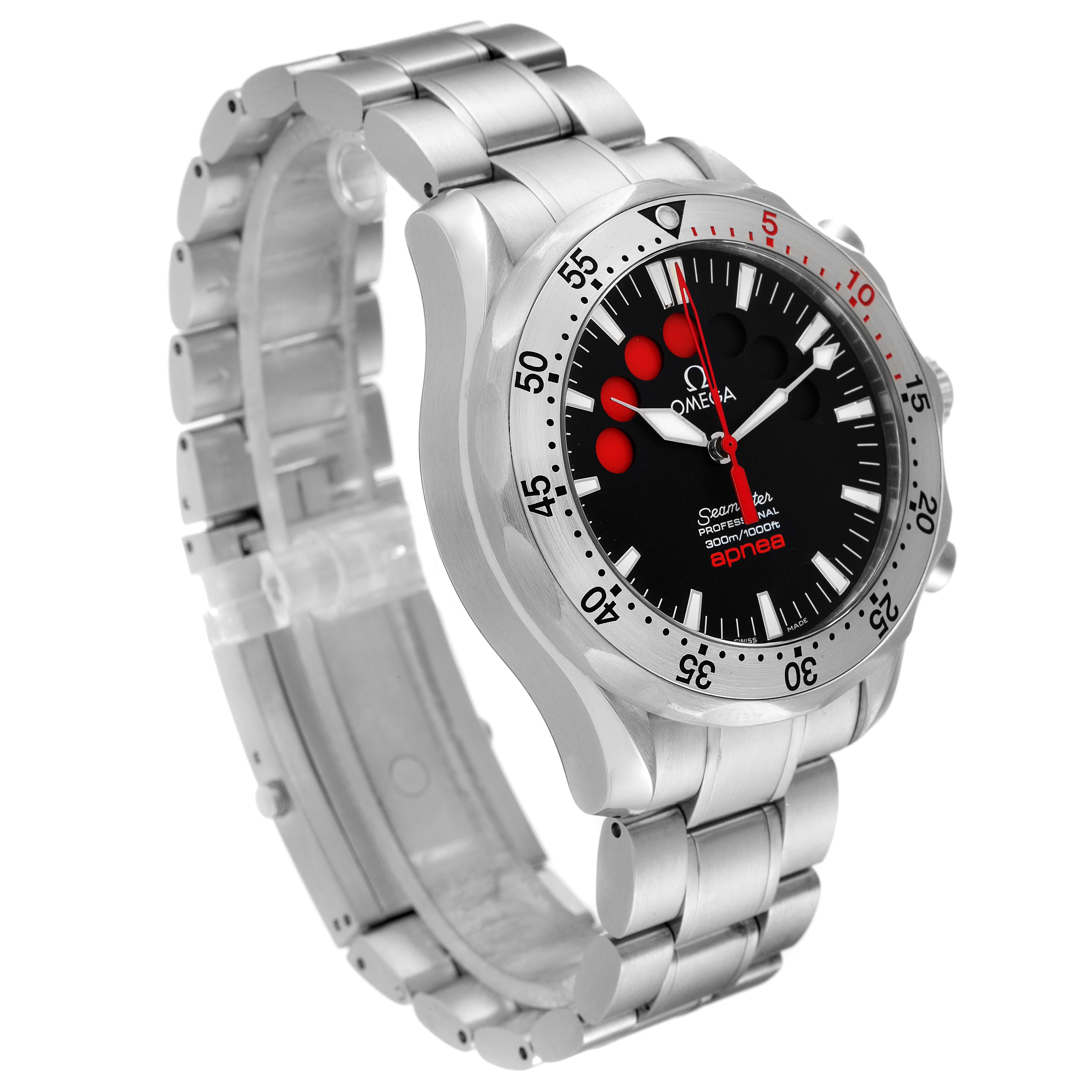 The image shows a side angle of an Omega Seamaster 2595.50.00 Men's Stainless Steel Black Dial 2595.50.00 Men's Stainless Steel Black Dial watch, highlighting the stainless steel bracelet and watch face.