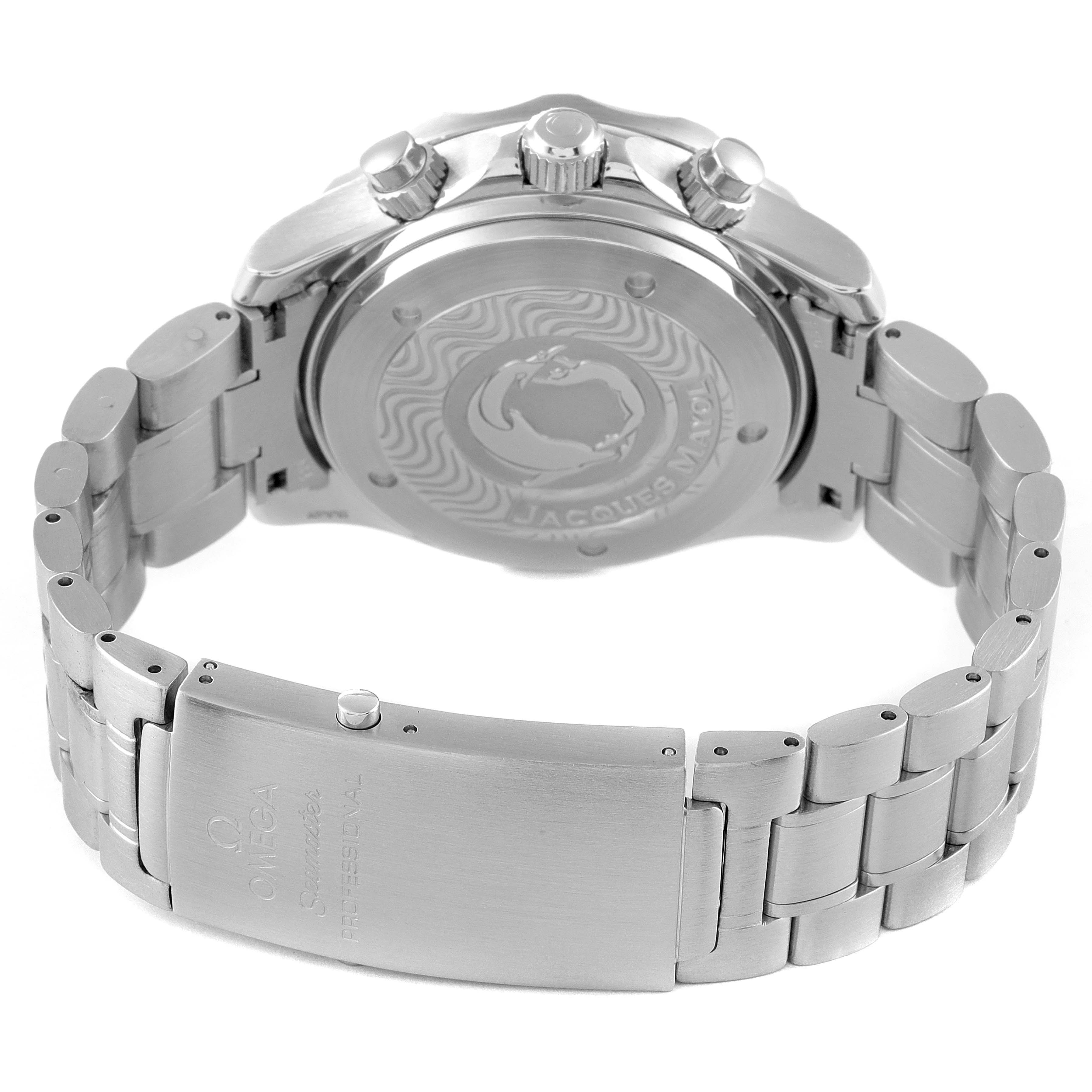 The image shows the rear view of an Omega Seamaster 2595.50.00 Men's Stainless Steel Black Dial 2595.50.00 Men's Stainless Steel Black Dial watch, highlighting the case back, bracelet, and clasp.