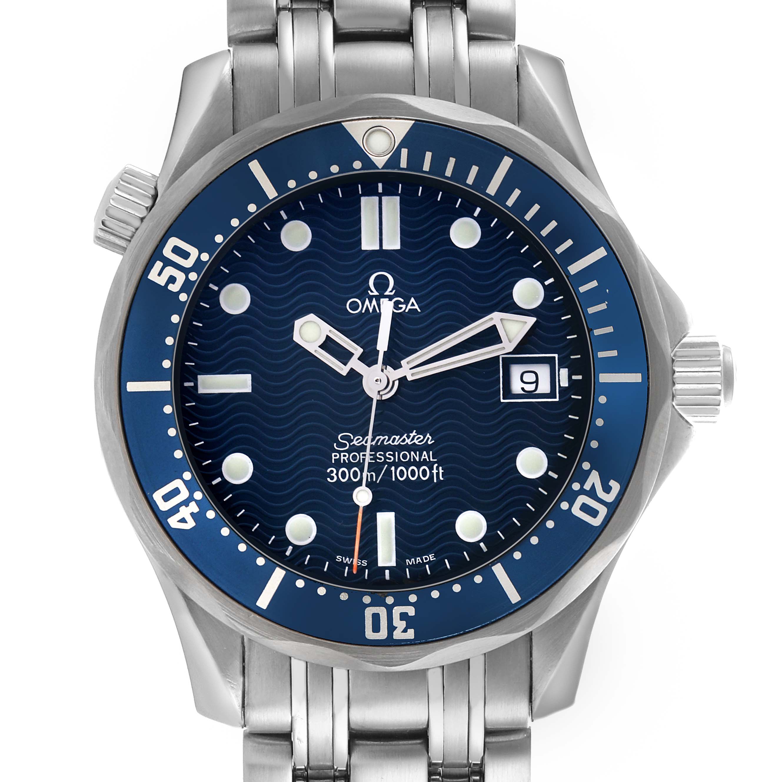 The Omega Seamaster 2561.80.00 Men
s Stainless Steel Blue Dial 2561.80.00 Men
s Stainless Steel Blue Dial watch is shown from a direct top-down angle, featuring the face, bezel, and part of the bracelet.