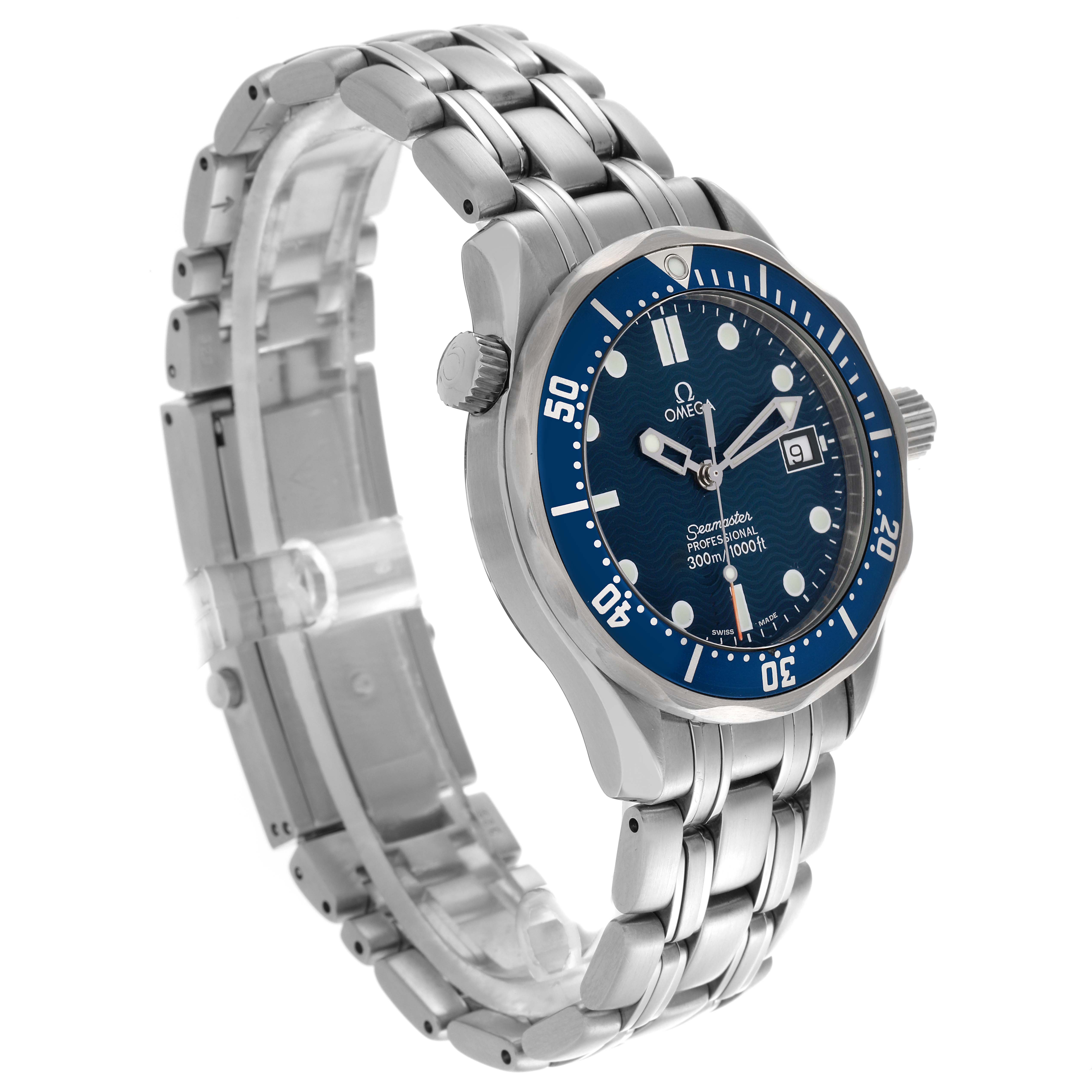 The Omega Seamaster 2561.80.00 Men
s Stainless Steel Blue Dial 2561.80.00 Men
s Stainless Steel Blue Dial watch is shown at a three-quarter angle, displaying the dial, bezel, crown, and bracelet.